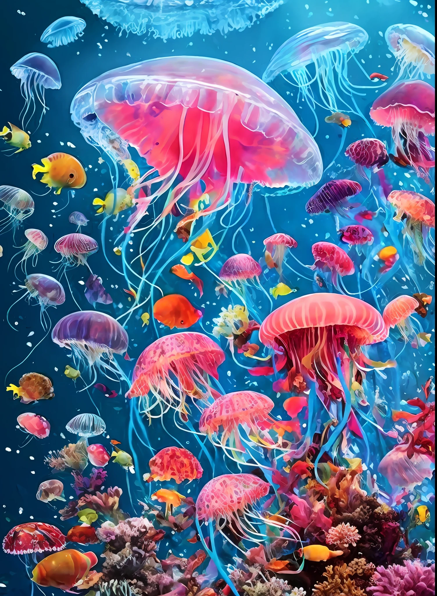 a painting of a jellyfish surrounded by many different fish, hamburger mix jellyfish, tropical sea creatures, jellyfishes, colorful fish, jelly fishes, jewel fishes, jelly fish, underwater life, underwater world, jellyfish temple, incredible depth, under the sea, lisa - frank, amazing depth, sea like jelly, jelly fish dancing, sea creatures, neon jellyfish, jellyfish