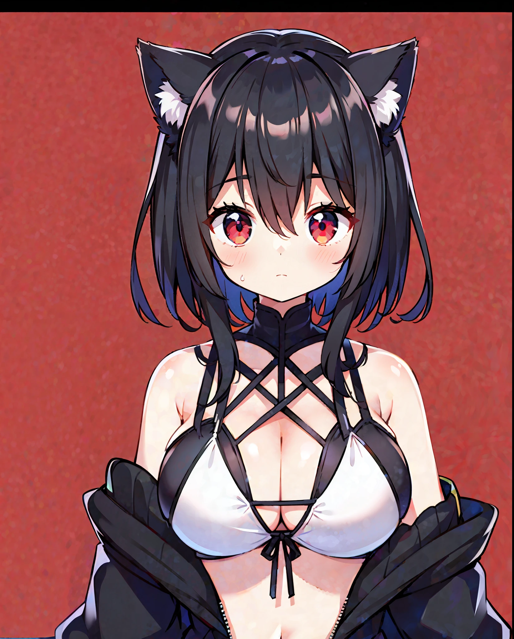 1girl,cat ears ,black hair ,red eyes ,short hair ,messy hair,hair between eyes ,(half body ,standing ,micro bikini ,sleeveless ,bare shoulders ,big boobs ,cleavage)