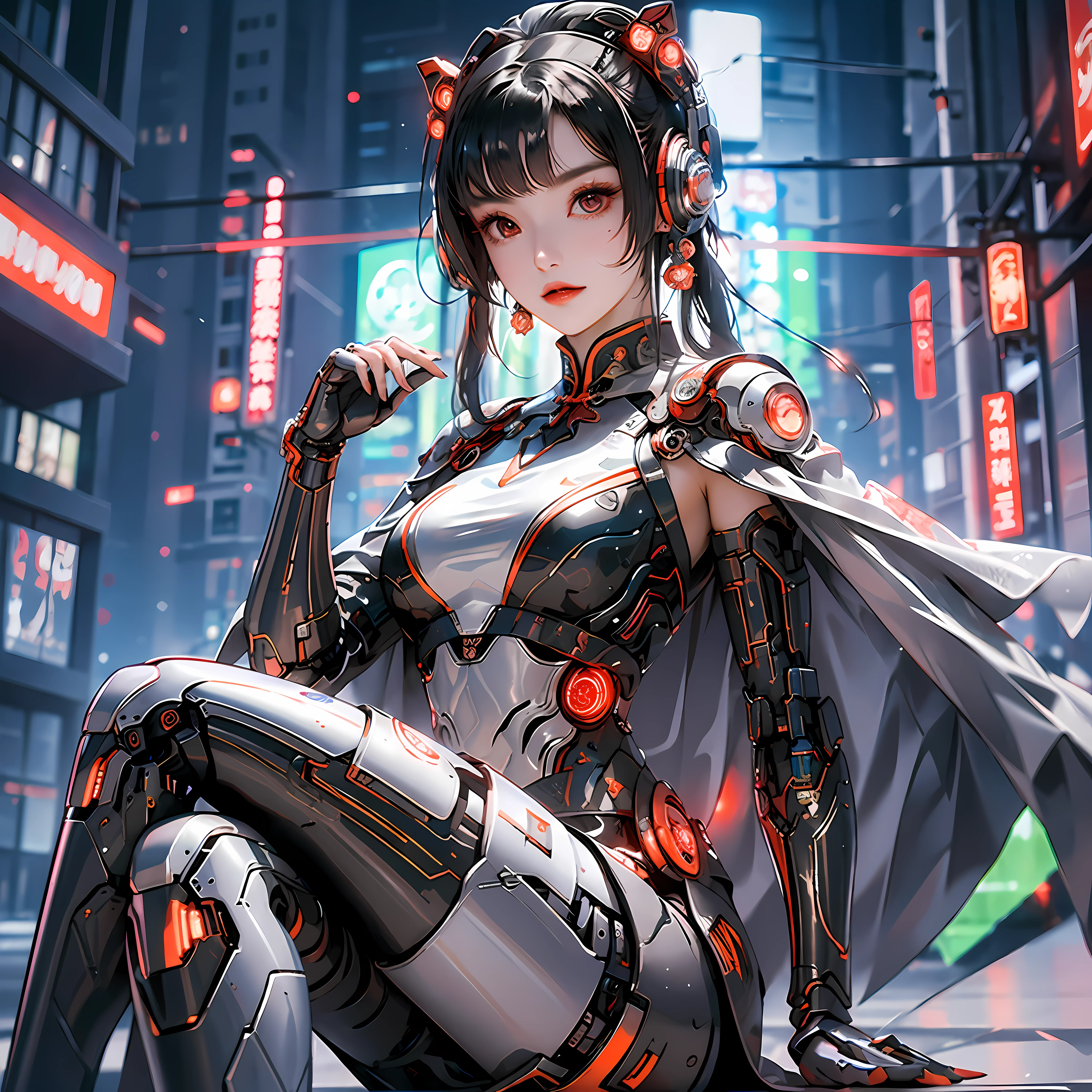 1 girl, Chinese_clothes, metallic black titanium and crimson, cyberhan, cheongsam, cyberpunk city, dynamic pose, detailed luminescent headphones, luminous hair accessories, long hair, luminous earrings, glowing necklace, cyberpunk, high-tech city, full of mechanical and futuristic elements, futurism, technology, glowing neon, red, red light, sexy skirt, transparent black cape, laser light, digital background city sky, big moon, with vehicles, best quality, masterpiece, 8K, Character edge light, super high detail, high quality, the most beautiful woman in human beings, smile, face facing forward and left and right symmetry, ear corner decoration, long antenna glow, beautiful pupils, light effects, visualization data, silver-red-orange hair dyed hair, ultra-detailed facial texture, happy, weapon system, crowded street passers-by, mecha style, wearing a luminous antenna on the head, deep eyes, girly sitting posture