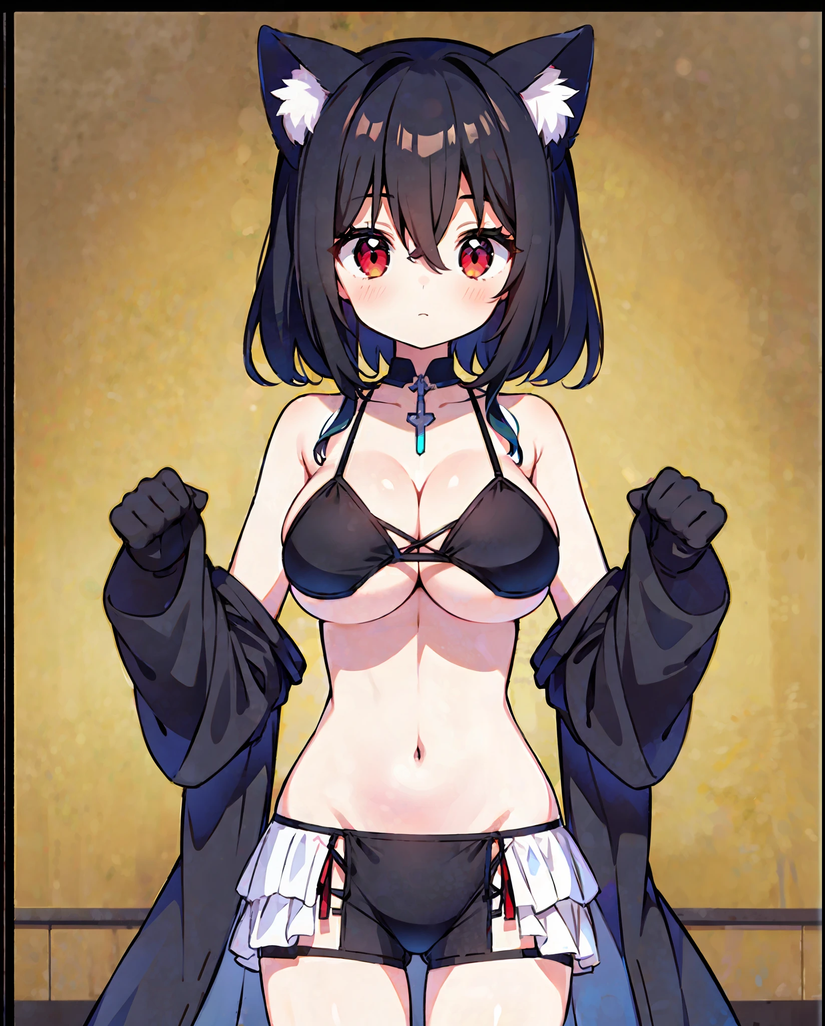 1girl,cat ears ,black hair ,red eyes ,short hair ,messy hair,hair between eyes ,(half body ,standing ,micro bikini ,sleeveless ,bare shoulders ,big boobs ,cleavage)