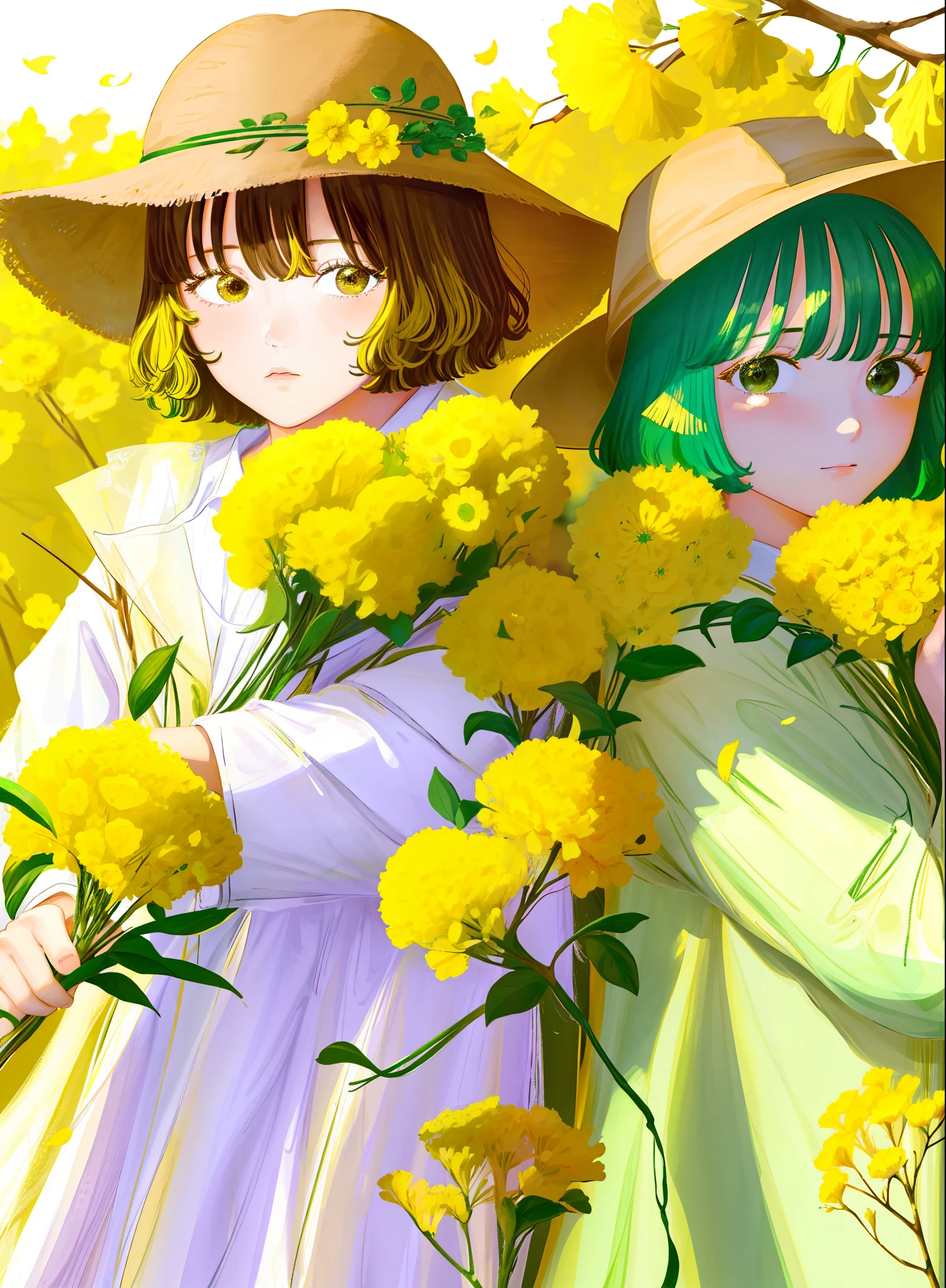 multiple girls, 2girls, flower, bangs, hat, branch, shirt, white shirt, upper body, leaf, yellow background, long sleeves, yellow flower, short hair, green hair
