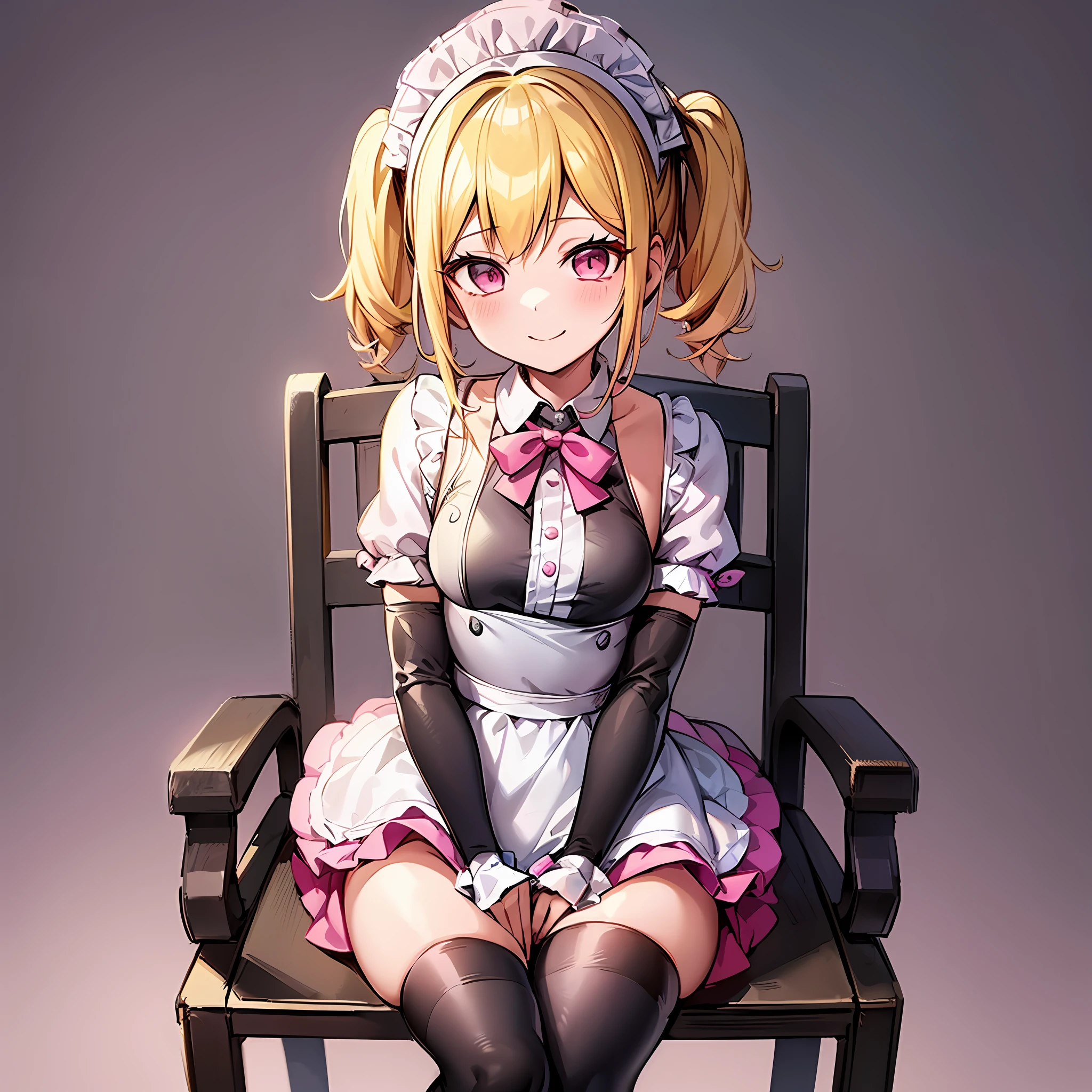 (Cartoon One Girl in Pink Maid Outfit 1.6), Little Curvaceous , Shikamimi, Danganronpa, Anime Stylization, Anime Girl in Maid Costume, Stylized Anime, Blonde, Portrait, Buriko Pose, Smiling, Being in a Full Body Frame, Sitting on a Chair and Crossing Your Legs, Black Stockings