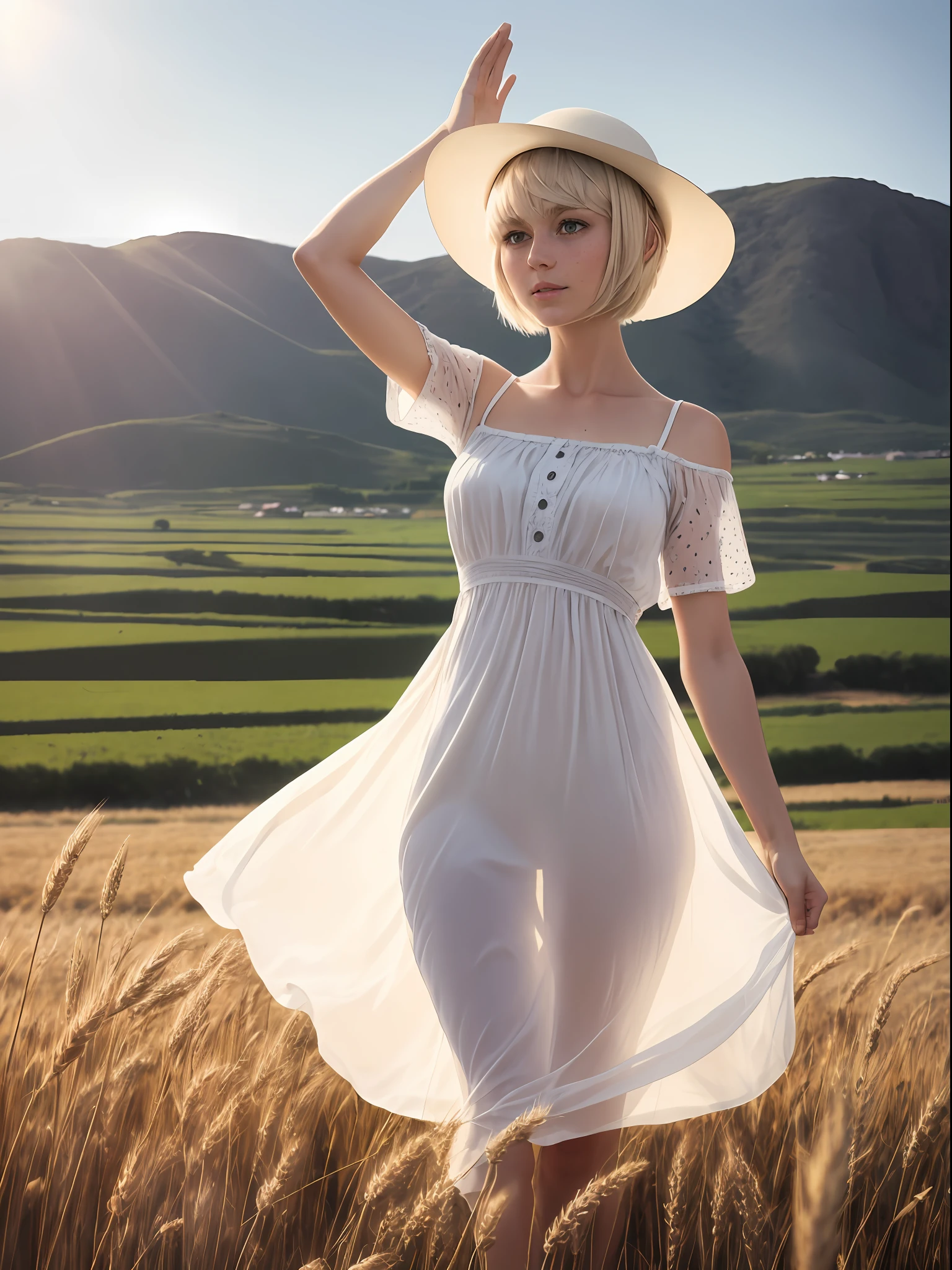 [full:upper:6] body photo of an attractive 30 year old beautiful [white swedish blonde] woman wearing casual sundress and a sun hat standing in wheat fields holding one hand in the air, [see-through silhouette], (((pixie cut)))], slim body, large azure eyes, luscious lips, freckles, looking at the camera, detailed face, detailed eyes, detailed clothes, rural area background, in front of a village, dust, dusty and dirty environment, drought, heatwave, sun rays, midday, summer, heat distorted air, heat distortion, soft lighting, cinematic lighting, backlight, desaturated, refracted sunlight, medium depth of field, high quality, ultradetailed, sharp focus, dslr, uhd, hdr, 8k, intricate details, hyperdetailed, f/5.6, absurdres, professional, photorealistic, photo-realistic, realism, hyperrealism, art photography, analog, award winning masterpiece, vintage, dynamic composition