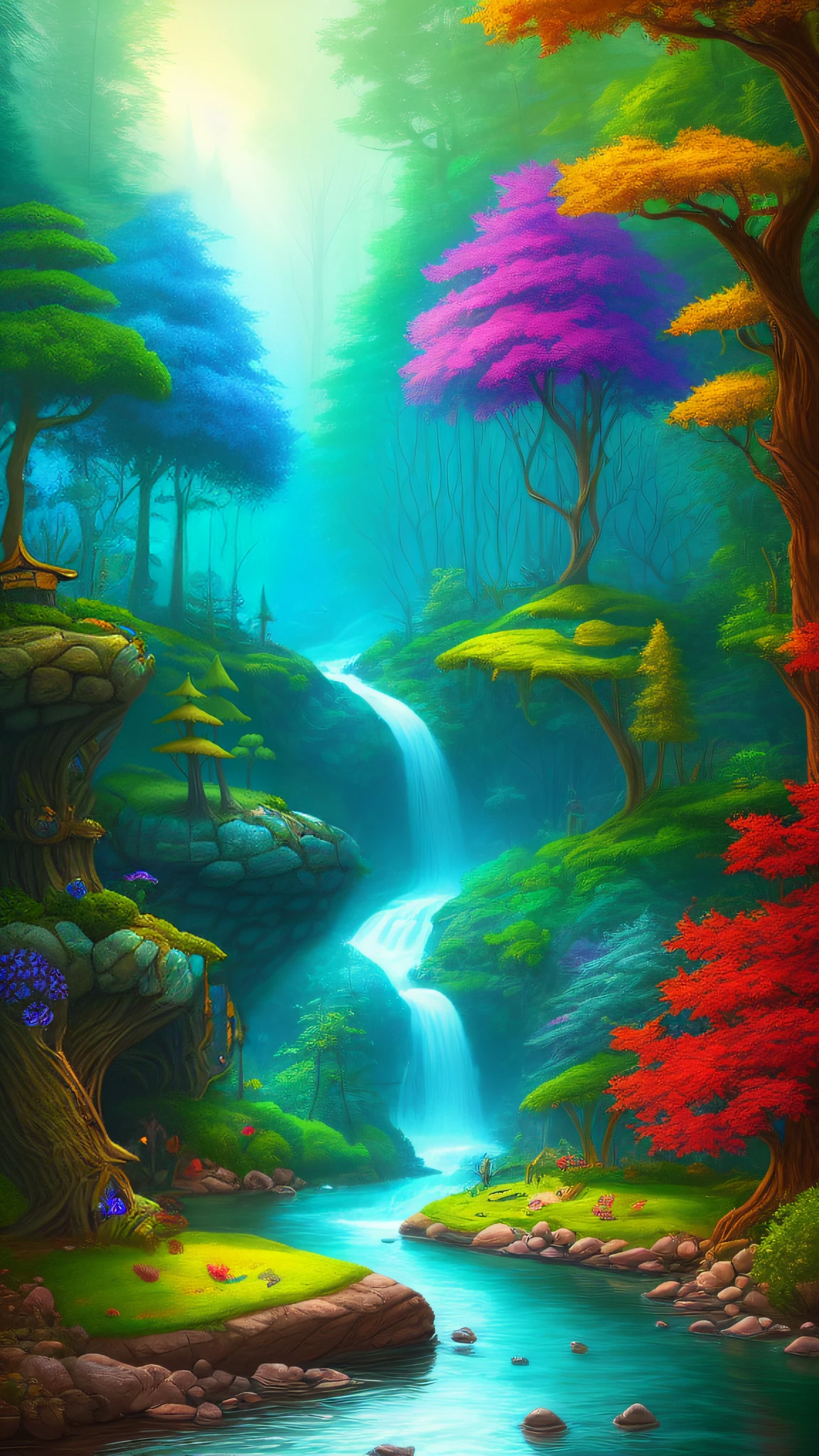((fantasy)), forest river, highly detailed, stylized, colorful, highres
