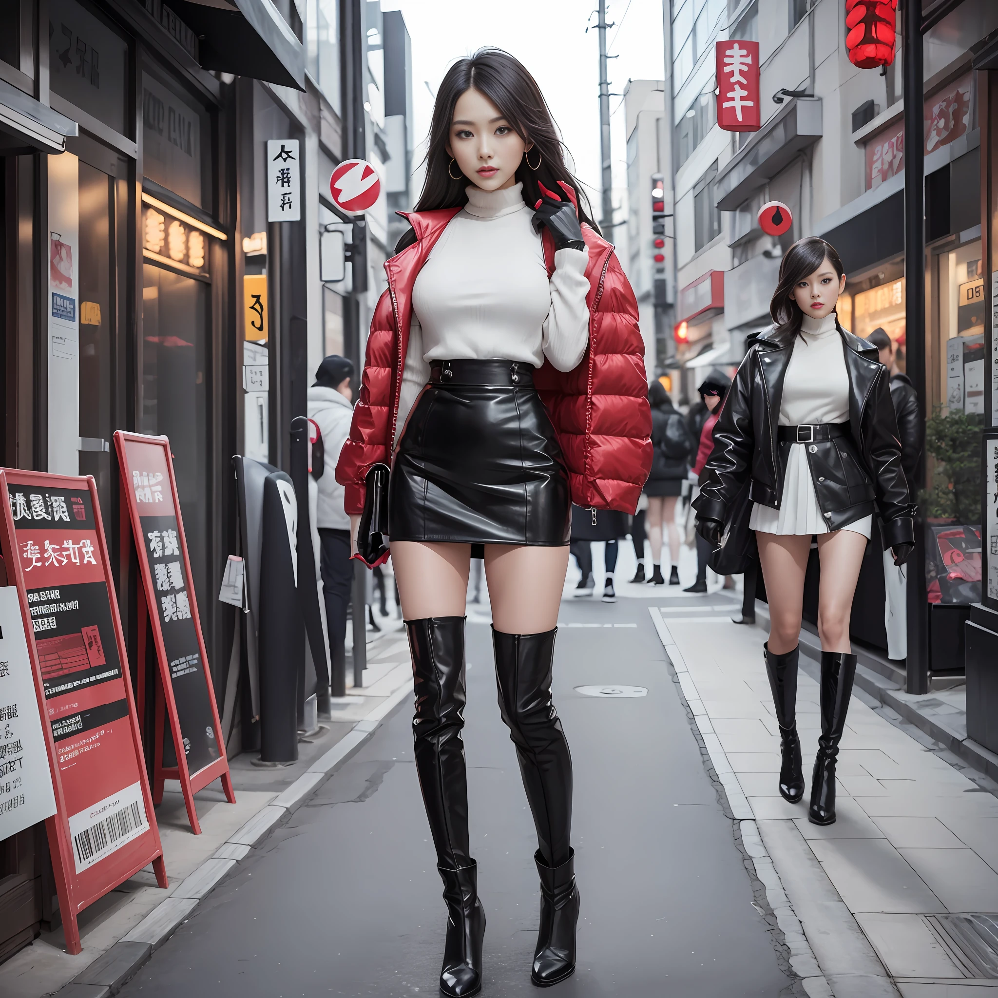 A woman in a white top and black boots standing on the street, Chinese female fashion model, white fluffy clothes, short skirt and long jacket, Japanese city street fashion, black pink Rosan Park, she wears streetwear, Japanese street fashion, Tokyo fashion, street dress woman in jacket and skirt, street fashion, Harajuku street fashion, beautiful woman walking in the wind, black gloves, over-the-knee red boots, tall, long legs, perfect body proportions, thin waist, black suspender stockings, tall, Slender body, nine-headed body, big eyes, beautiful and exquisite face, perfect body details, perfect body proportions, perfect visual proportions, fashion shooting, glamorous, feminine, delicate, highlighting female curves, subtext: sexy, confident. Chinese woman --auto --s2