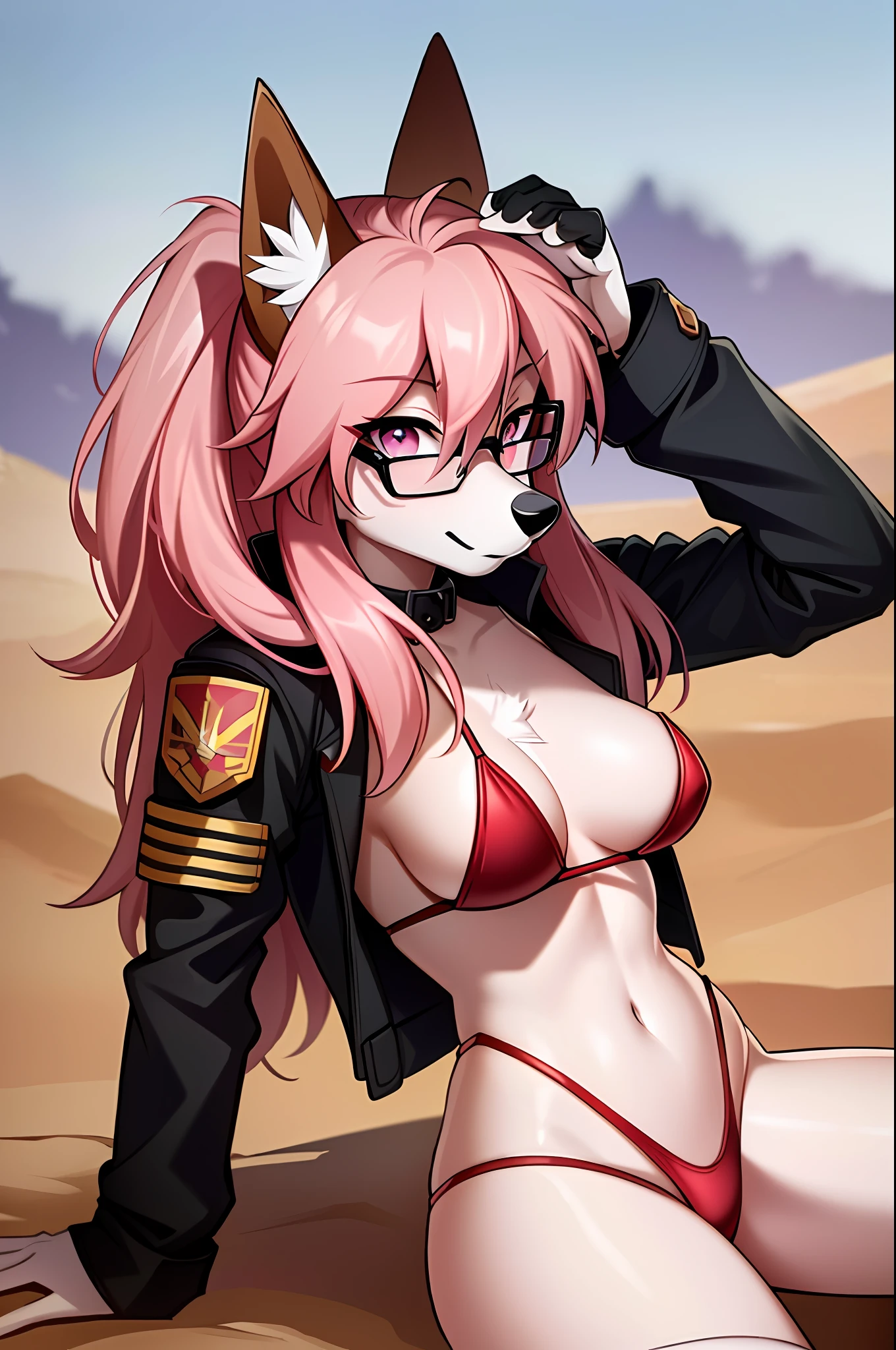 ((masterpiece, best quality)), (anthro furry:1.3, muzzle:1.2, anthro:1.3, furry:1.2, closeup:1.2, female solo:1.2, (wearing russian military coat) military pants, wearing glasses, fox spiraled in the colors of funtime foxy,five nights at freddy,white skin pink details, pink eyes, sexy position, desert ambient place,tank blimdado behind