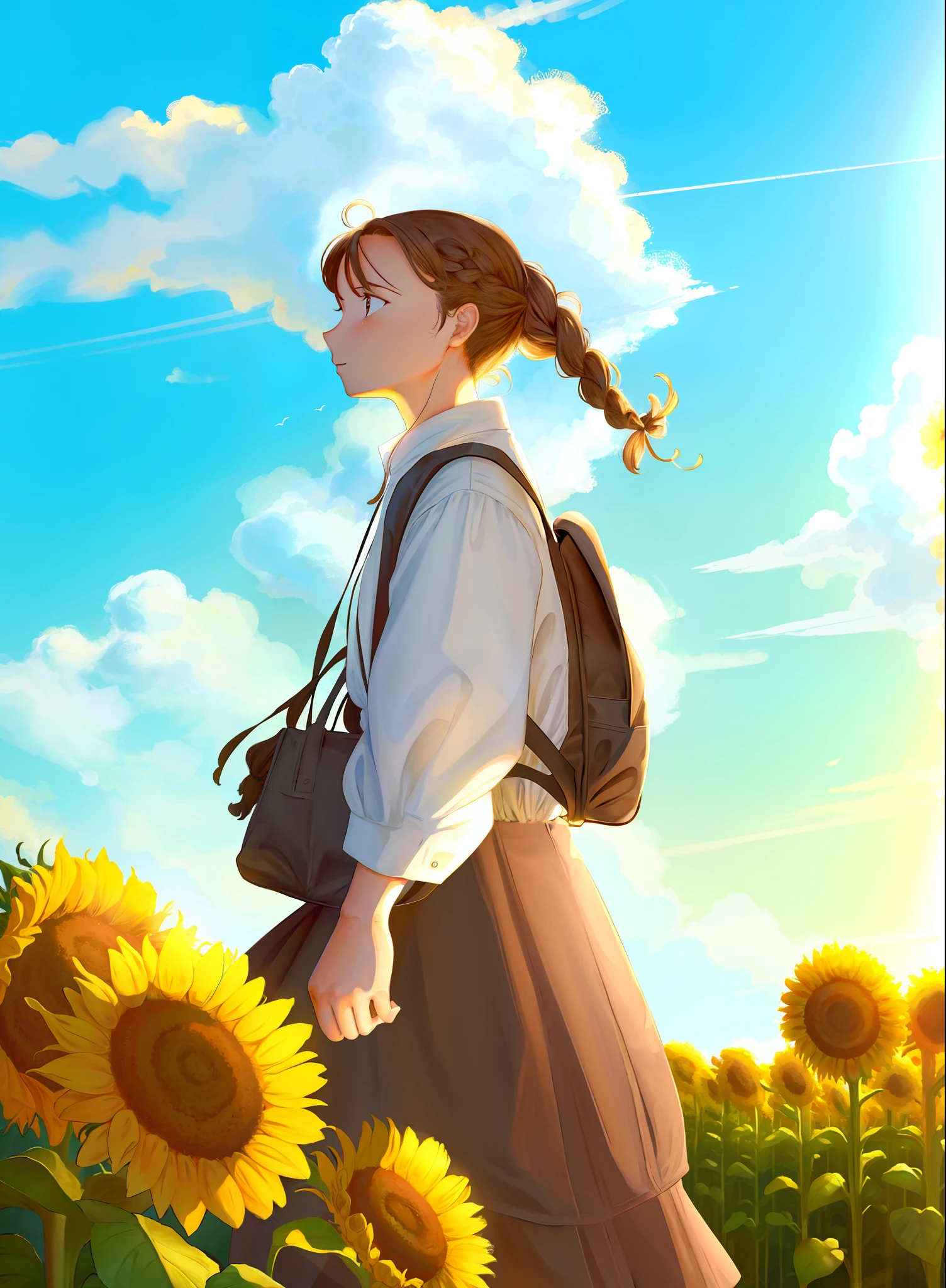 flower, solo, braid, sunflower, long hair, 1girl, backpack, sky, cloud, holding, pants, bag, twin braids, outdoors, standing, water, brown hair, day, white border, braided ponytail