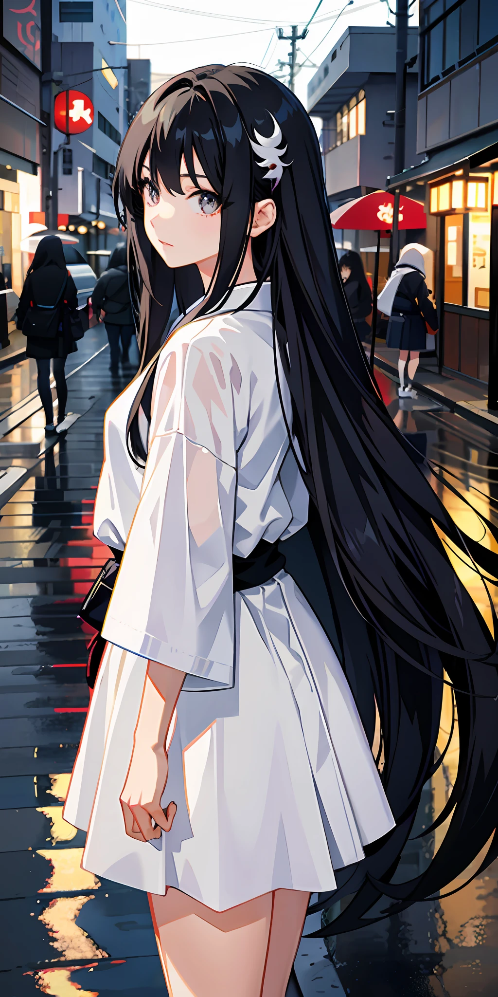 Japanese manga heroine, two-dimensional girl, anime girl, long hair, side face, furry hair ornament, side face girl, street background, rainy day, pure, cute girl, white top, black jeans, delicate eye portrayal, beautiful hair