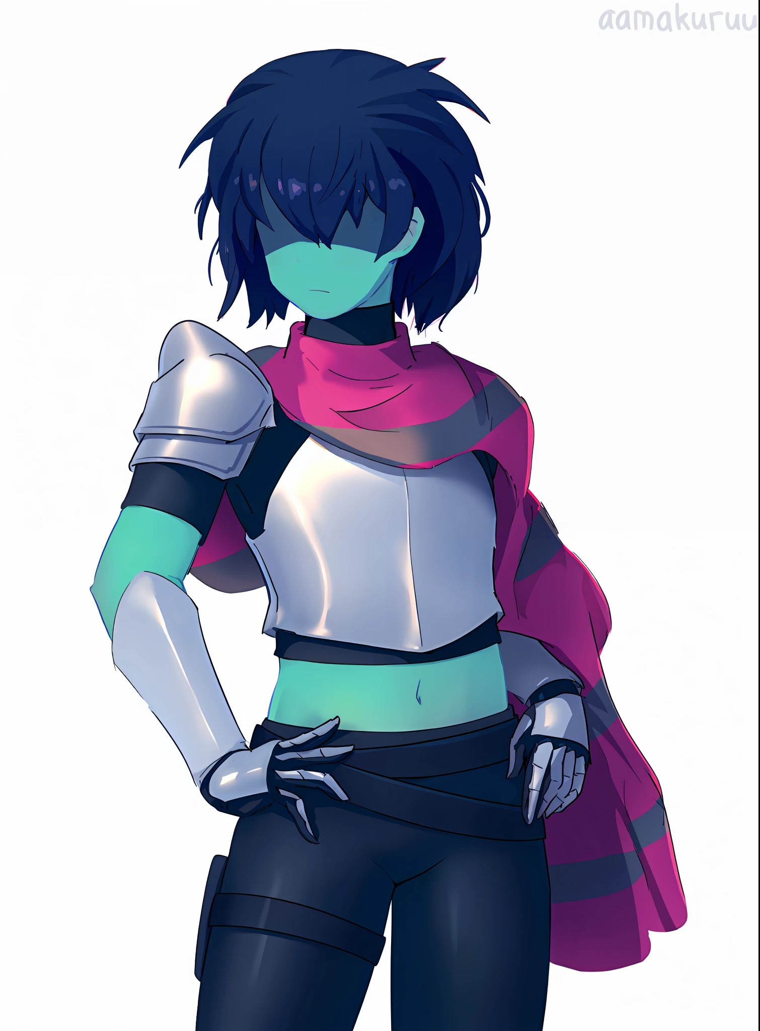 dark blue hair, blue skin, pink striped cloth, armor, dark pants, expressionless, hd, highres
