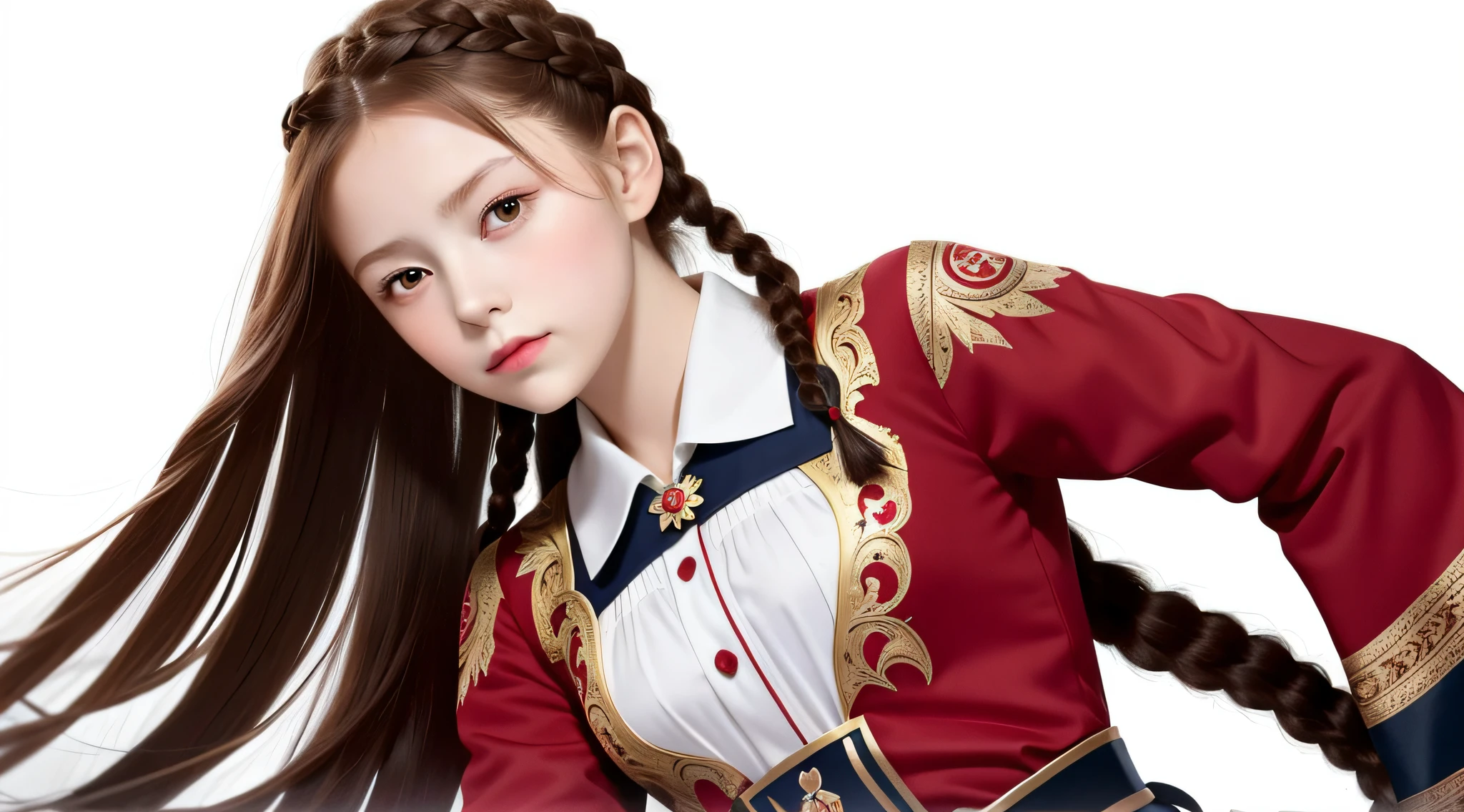 masterpiece, best quality, realistic, girl RUSSIAN hair RED OF BRAIDS , long hair, broad shoulders, small head, upper body, (white background: 1.3), mouth closed.