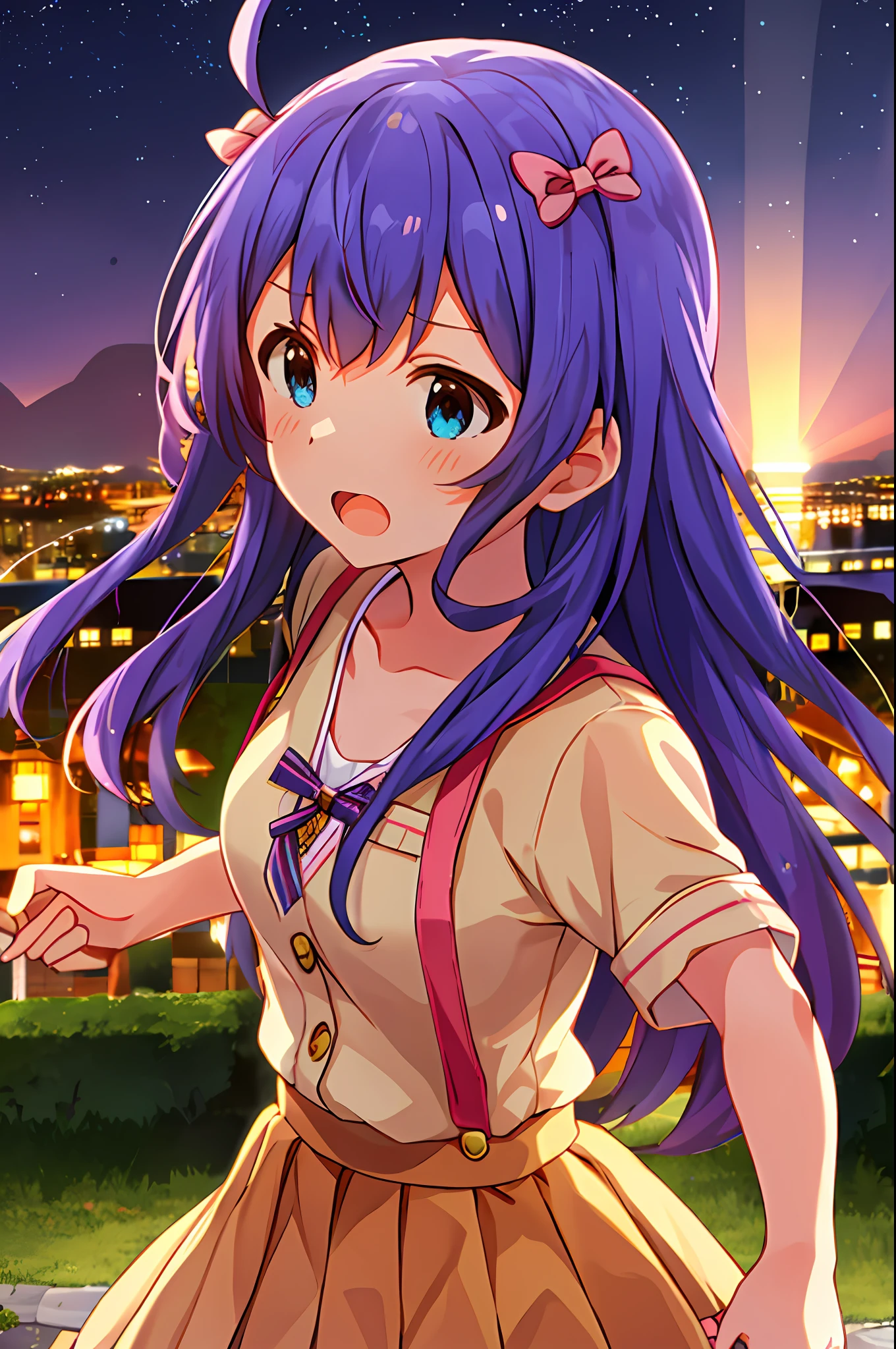 Anna Mochizuki (Million Live), (Top Quality, 8K, Masterpiece, Super Detail: 1.2), 1 Girl, Suspender Clothes.Skirt.Blushing, Clavicle, Bow, Ribbon, Blue Bow.Night.Night View.Outdoors.Fighting Stance.Despair Face.Open Mouth.