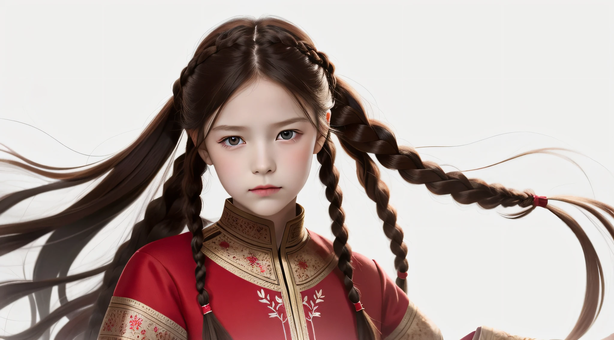 masterpiece, best quality, realistic, girl RUSSIAN hair RED OF BRAIDS , long hair, broad shoulders, small head, upper body, (white background: 1.3), mouth closed.