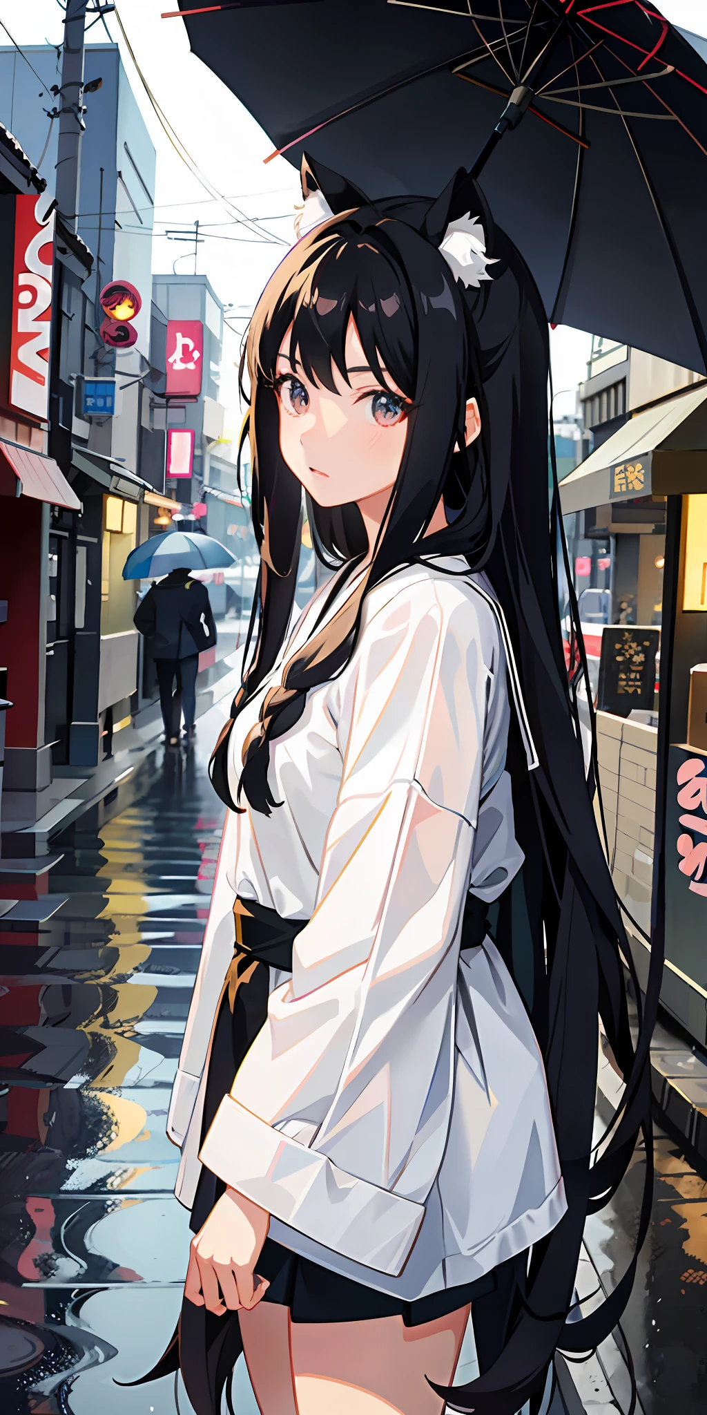 Japanese manga heroine, two-dimensional girl, anime girl, long hair, side face, furry hair ornament, side face girl, street background, rainy day, pure, cute girl, white top, black jeans, delicate eye portrayal, beautiful hair