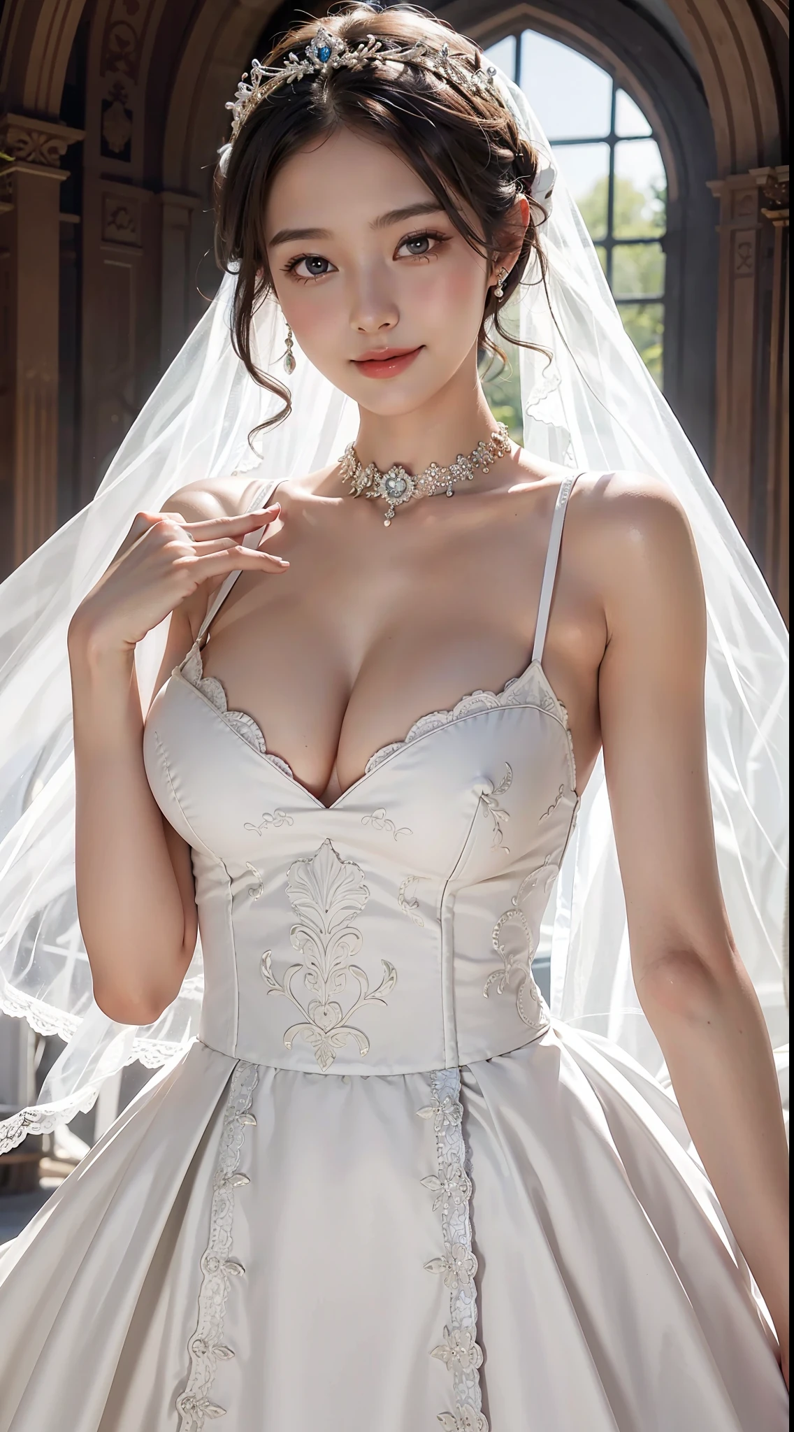 1 girl, smile, shiny skin, delicate face, best quality, masterpiece, (realistic: 1.4), wedding dress, random hairstyle, perfect figure, big breasts, princess