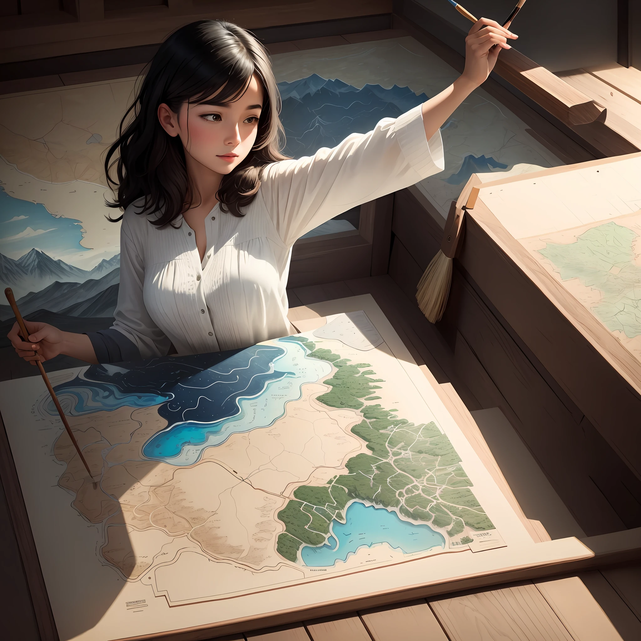 In a quiet room, a woman sits at a wooden table on which a wide map unfolds. She stared intently at the rich geographical features and lines on the map, holding a slender brush in her hand. The woman's eyes were bright and focused, and she carefully observed the mountains, rivers and lakes on the map, as if she was talking to the earth. She gently dipped in dark blue ink and tapped her brush on the peaks on the map. As the brush moves across the map, the woman takes a dancing gesture with which the contours of mountain peaks are outlined, depicting the texture of mountains and the curves of valleys. Each stroke is filled with her passion and love, as if she unites her heart with the earth. With a flick of her wrist, the brush left bright ink marks on the map, as if the scenery on the map was illuminated. Based on the geographical shapes in her memory, combined with her imagination, she gradually outlined mountains and rivers. Over time, the whole map came alive. She uses ink of varying shades to outline the undulations of the mountains and delicate and soft lines to depict the curves of the river. Every stroke is filled with her love and awe for nature. The woman's brow furrowed slightly, and she stopped the brush in her hand to carefully examine her work. She felt that it wasn't perfect, so she immersed herself in the creative process again. She uses her brush to delicately outline the texture of the mountains, inject more detail into the rivers, and make the scenery on the map more realistic and full. Finally, when her red-lipped and white-toothed mountain touched the edge of the map, she put down her brush with satisfaction. Under her creation, the calm map becomes vivid, as if ushering in a new life. She gazed at this artwork painted with a brush and felt the joy and sense of accomplishment of creation. This woman brings her love and passion to this map, and her work will show the world the magnificent view of Natu
