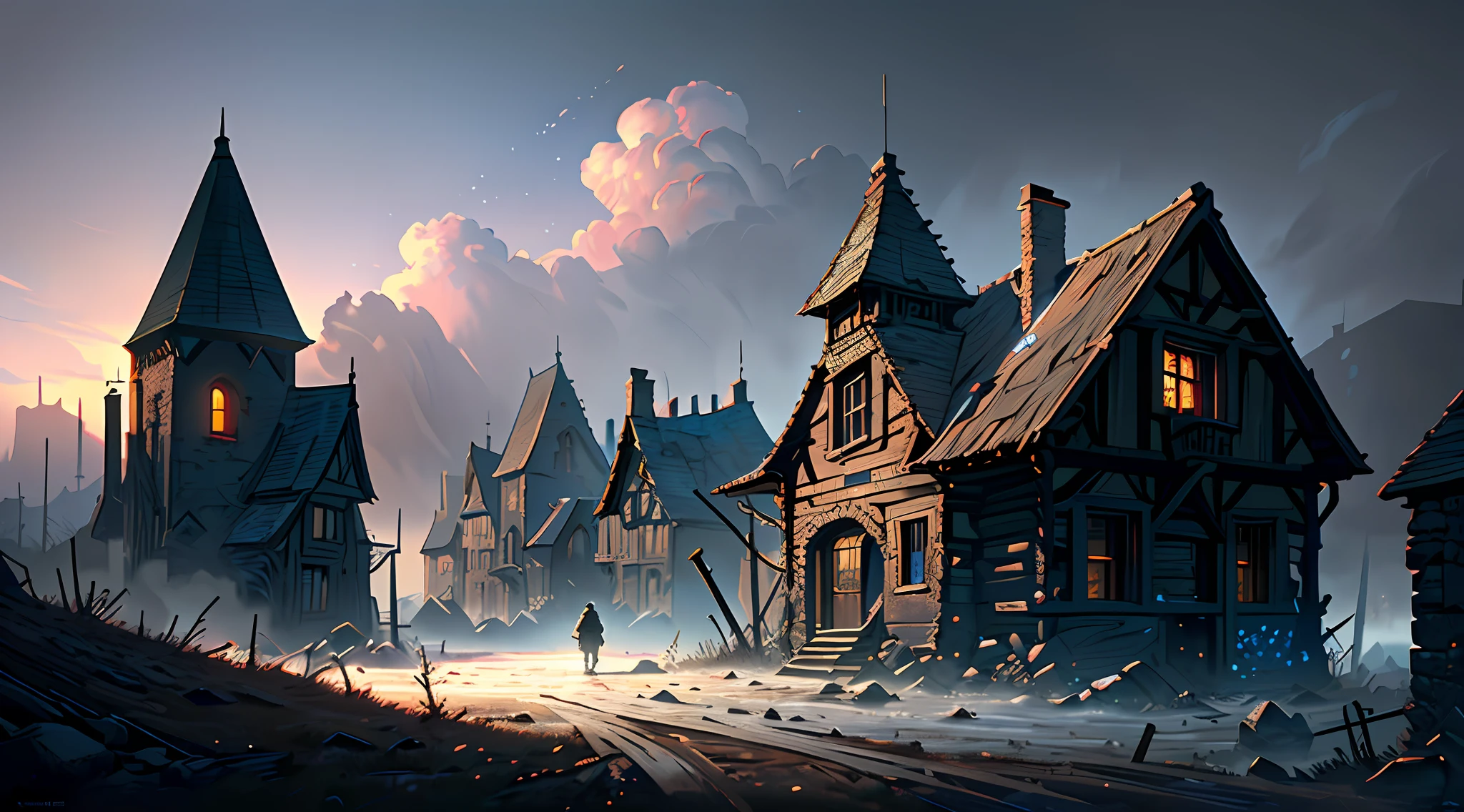 (8k unit wallpaper CG extremely detailed, masterpiece, best quality, ultra-detailed), (((solo)))), (wide shot), geralt the wizard arriving in a small abandoned medieval town, dense atmosphere of suspense, (full body), (back view), (high details), (intricate details), intricate, incredible high details, highly detailed environment, illustrator, (masterpiece), art by Greg Rutkowski.