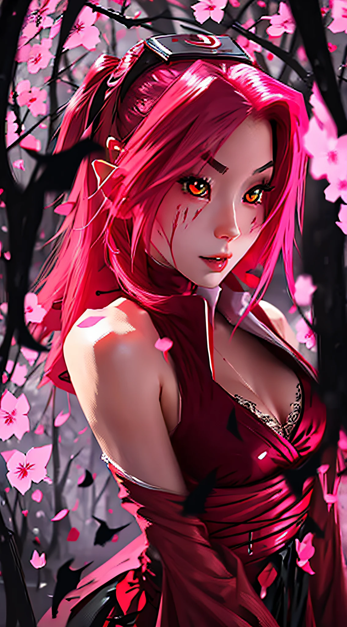 Sexy vampire pink hair, red eyes, fangs, sharp nails, blood on face, dressed Japanese high school clothes, anime style --auto --s2