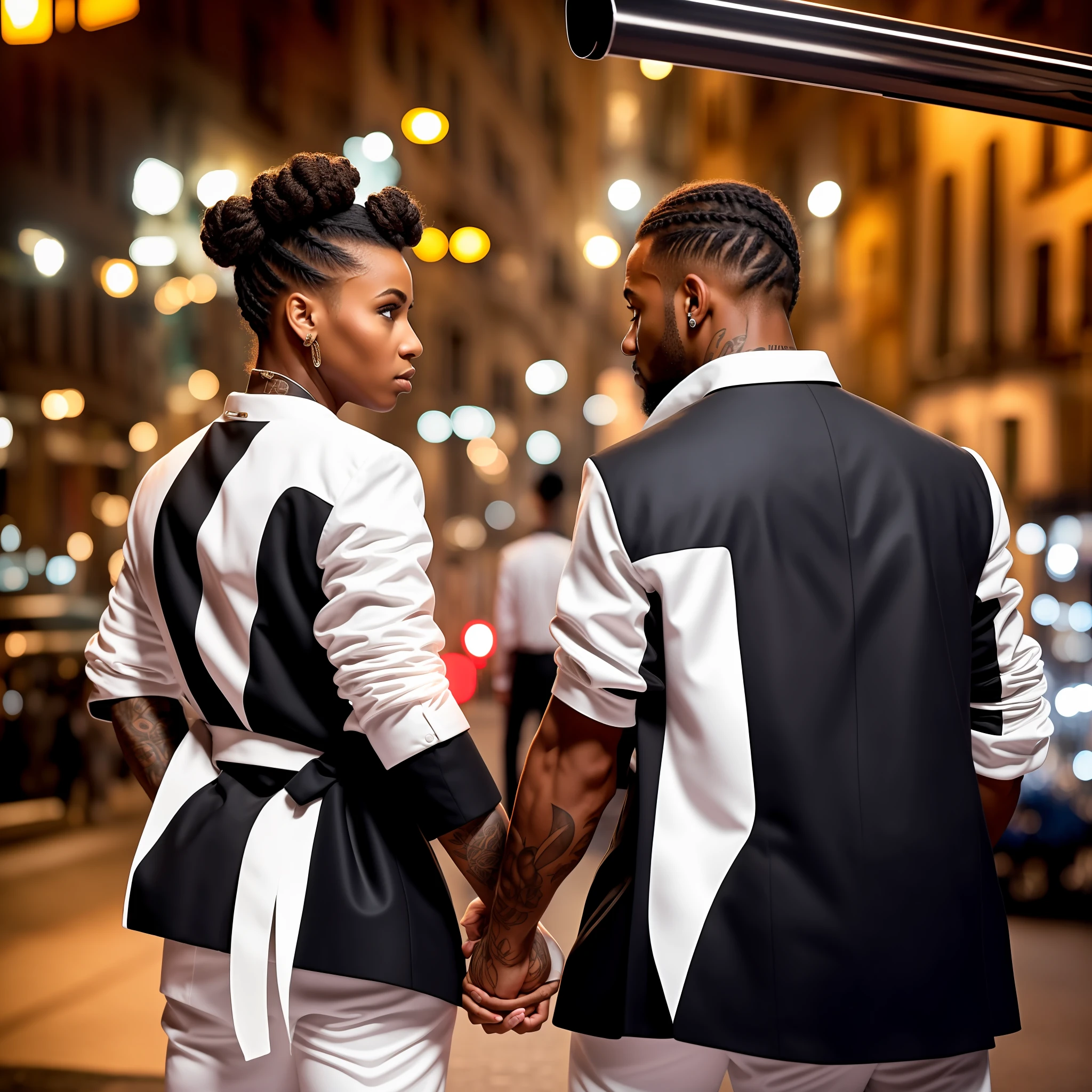 Black man, blonde woman with bun hair, Italian features wearing a gangster outfit, taken from behind, looking sideways, 60s street, standing, holding hands, (ultra-realistic), 8k, night, dark environment, illuminated pole.