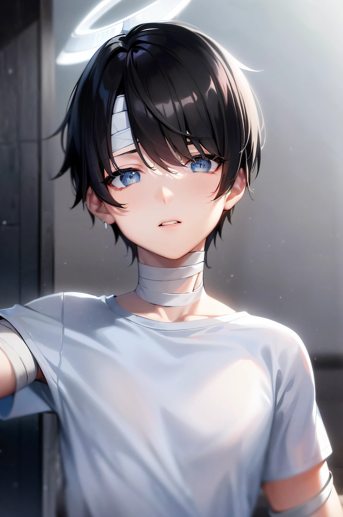 ((A male:1.2)), ((boy:1.2)), first-person view, upper body, cold light, viewfinder, bokeh, blue_eyes, (halo on head:1.2), hair_between_eyes, (Zaffre eyes color:1.1), (bandage on face:1.5), (white T-shirt:1.5), (heavy breathing:1.2), looking_at_viewer, male_focus, short_hair, (the idealism of the future world:1.2), (clean background trending:1.5), rain, wet hair, styled with a captivating hairdo, accentuated with bangs and hair between eyes, highlighting his distinctive and stylish black and short hair, this dynamic composition expertly showcases his strong male focus, in a manner that captivates and intrigues viewers
