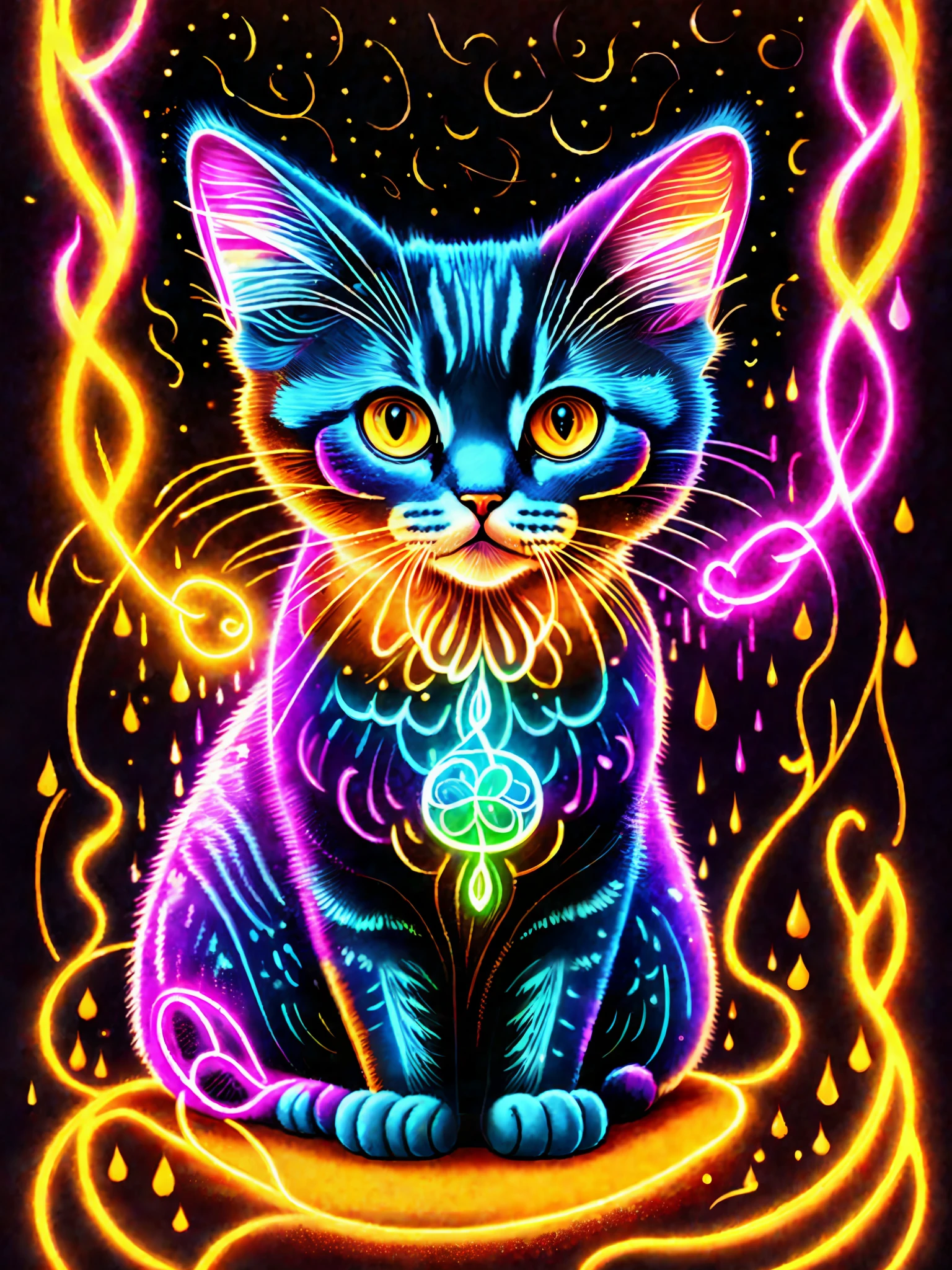 Colorful cat drawing, on black background, breathtaking rendering, in glowing connections, inspired by Kinuko Y. craft, magical elements, kitten icons, wow, beautiful, multi-colorful spell casting, bright flash, flash
