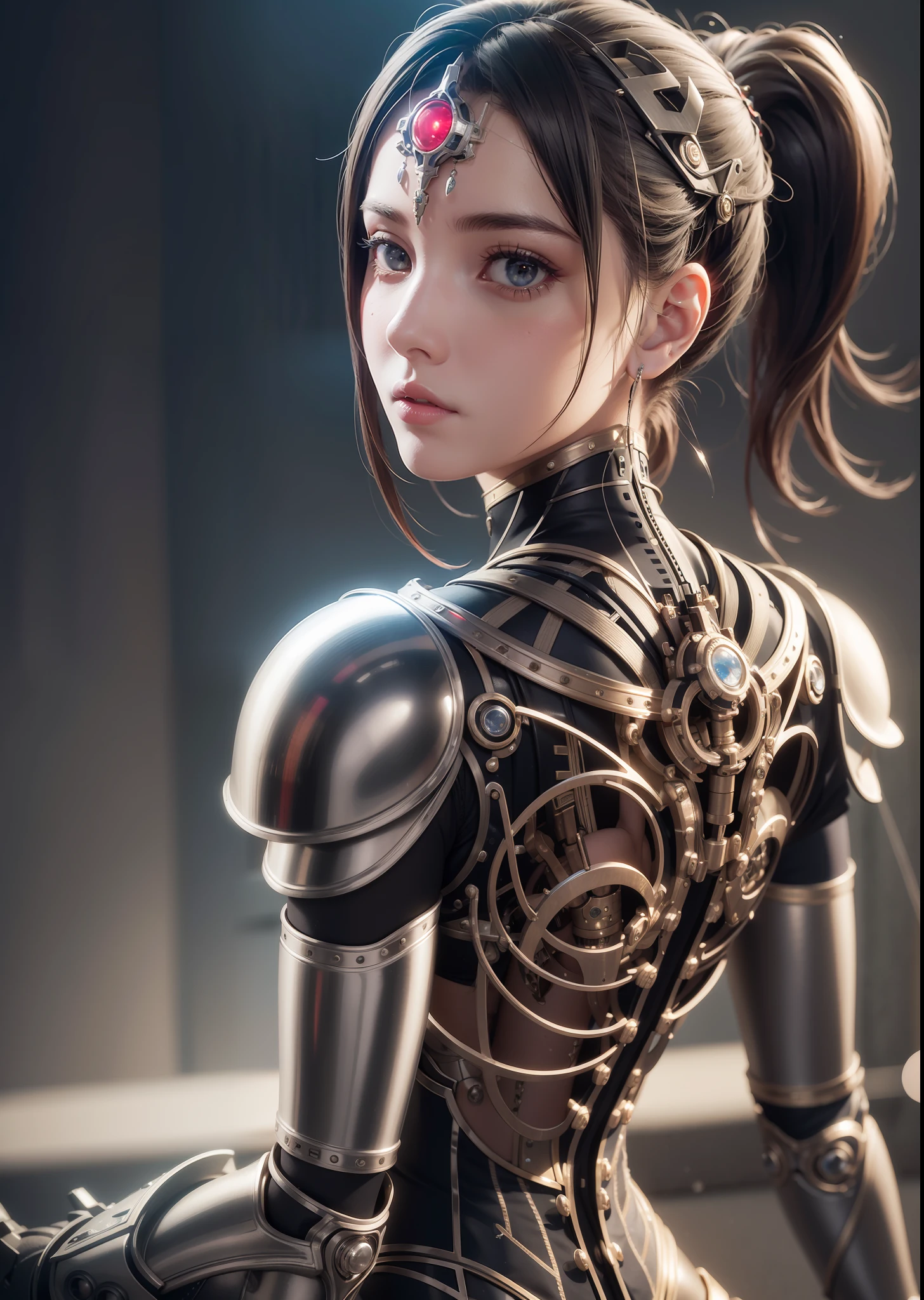 1mechanical girl,ultra realistic details, (portrait), global illumination, shadows, octane render, 8k, ultra sharp,intricate, ornaments detailed, cold colors, metal, egypician detail, highly intricate details, realistic light, trending on cgsociety, glowing eyes, facing camera, neon details, machanical limbs,blood vessels connected to tubes,mechanical vertebra attaching to back,mechanical cervial attaching to neck,sitting,wires and cables connecting to head,