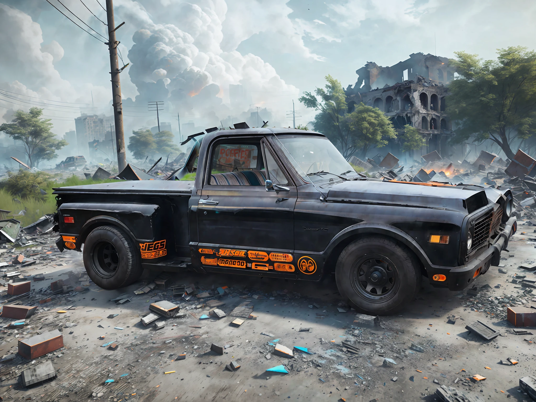 Image of the apocalypse, crumbling buildings, rubble, fire+, billowing smoke, people running+, fear+, overturned cars, epic realistic, hdr++, abandoned, neutral colors, night, screen space refractions, (intricate details)+, intricate details+, hyperdetailed+, artstation, cinematic shot, vignette, complex background, teal and orange, technicolor,