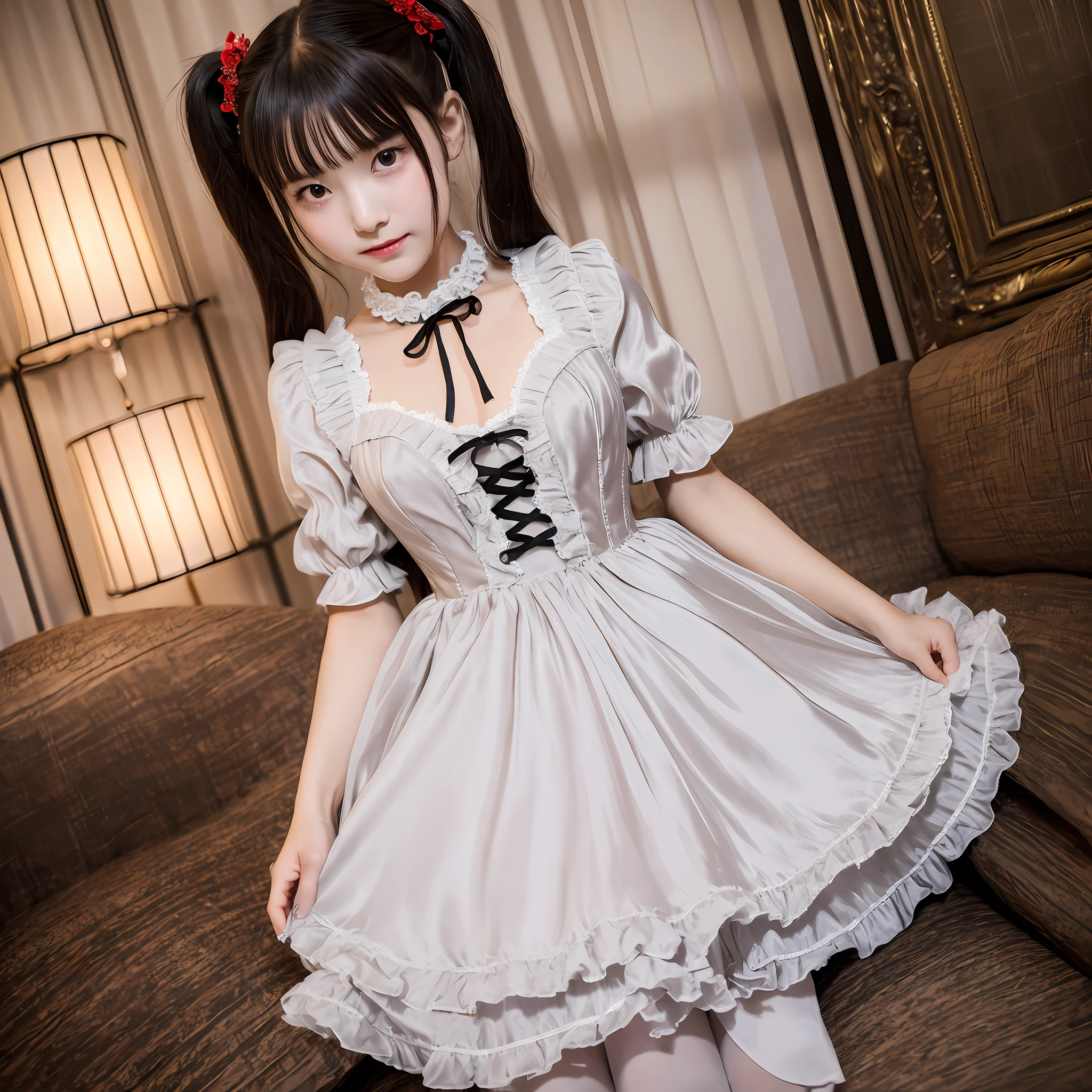 1girl, solo, 18 years old, unbelievably cute, Japanese idol, college student, twin tails, black hair, large bust, slender figure, -faceuthful face, petite, white and red gothic lolita dress, shot in a dim, moody hotel room, full body shot, innocent brown eyes, shy smile, best quality, masterpiece, ultra high res, (photorealistic:1.4), RAW photo, 8K, indoor setting, night ambience, glamorous hotel room, style: danbooru, breathtaking cute, enchanting presence, fringe covering eyes, bow details on dress, charmingly modest, twilight glamour, delicate lacework, soft silk fabrics, intricate design, antique styled room, magical attraction, youth appeal, sparkling aura, Victorian influenced fashion, doll-like appearance, adorable charm, lovable idol look, fragile elegance.