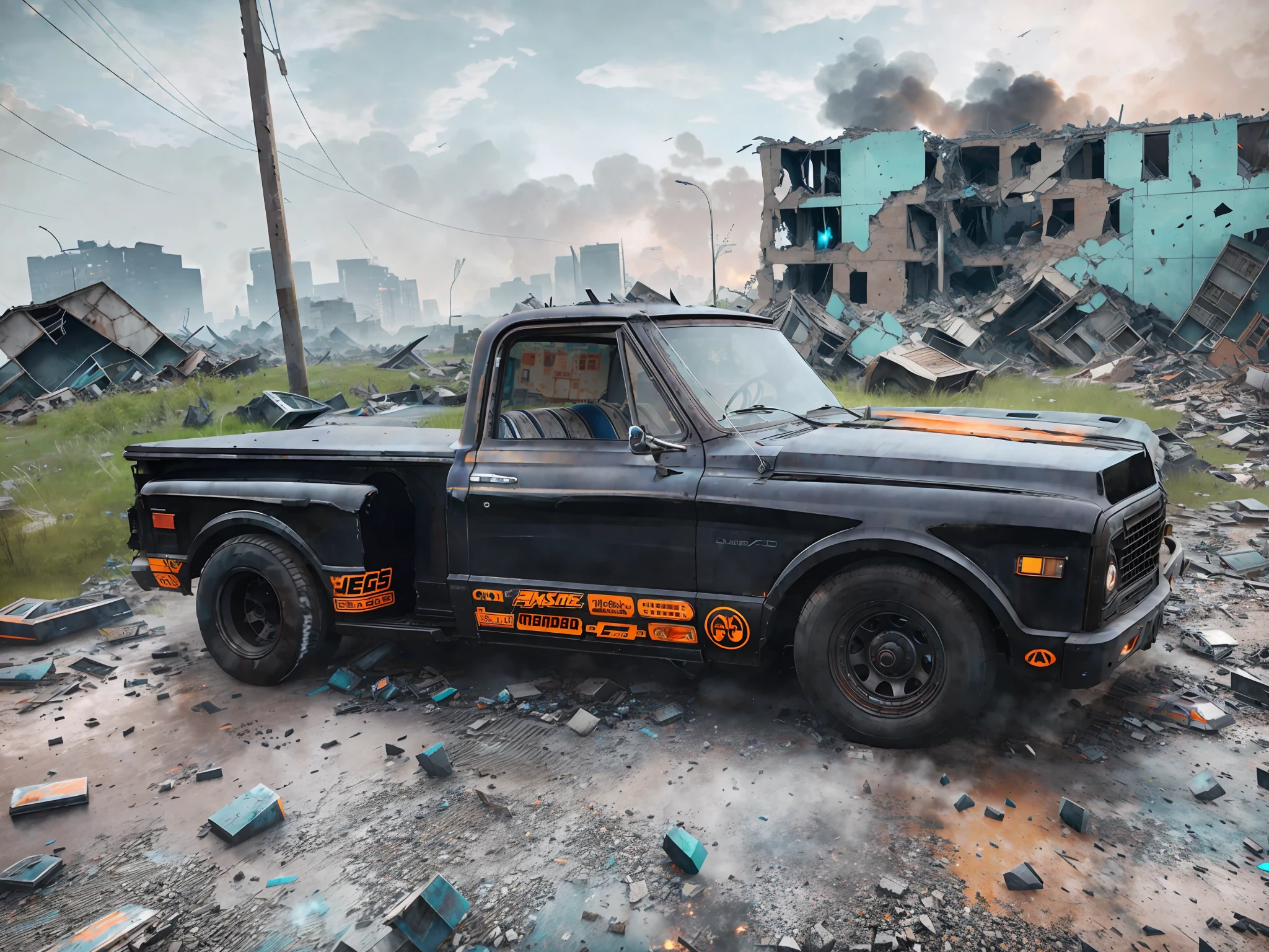 Image of the apocalypse, crumbling buildings, rubble, fire+, billowing smoke, people running+, fear+, overturned cars, epic realistic, hdr++, abandoned, neutral colors, night, screen space refractions, (intricate details)+, intricate details+, hyperdetailed+, artstation, cinematic shot, vignette, complex background, teal and orange, technicolor,