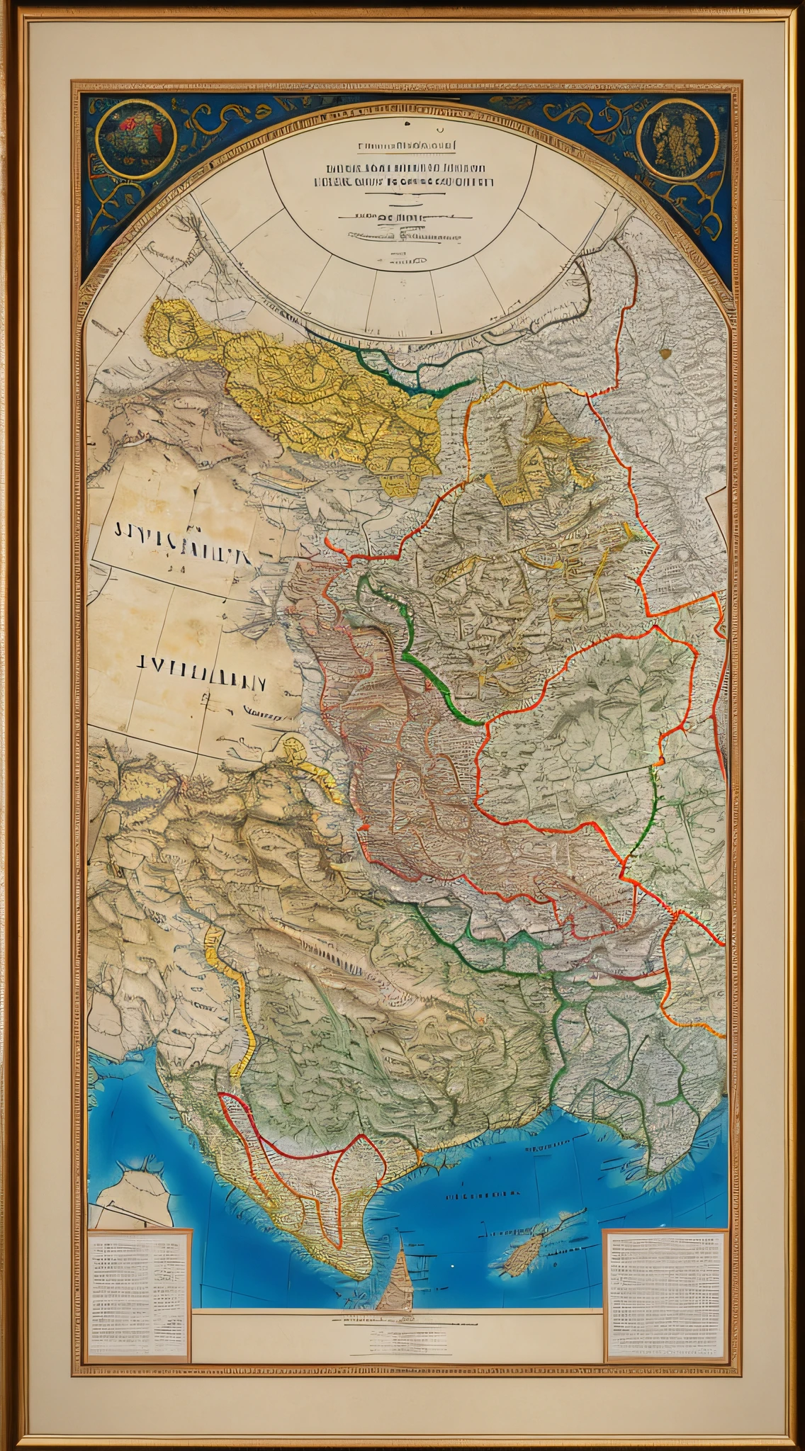 (best quality, high resolution, realistic oil painting, official art:1.2, by Greg Rutkowski), medieval map on aged parchment, (vividly showcasing Genghis Khan's empire:1.4), delicate brushwork, intricate details, 13th-century cartographic style, rich color palette, diverse landscapes, nomadic encampments, trade routes, captivating illustrations, immersive realism, bringing the Khan's conquest to life.