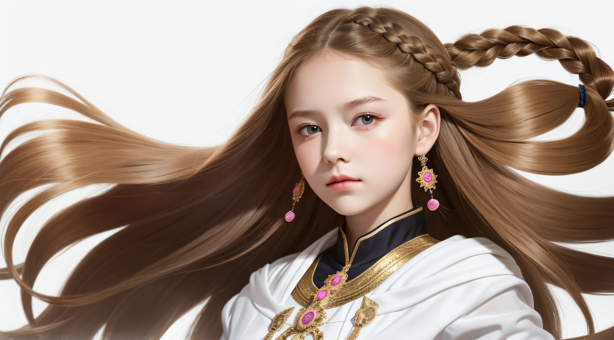masterpiece, best quality, realistic, girl child RUSSIAN 10 years old hair BONDE BRAIDS, long hair, broad shoulders, small head, upper body, (white background: 1.3), mouth closed.