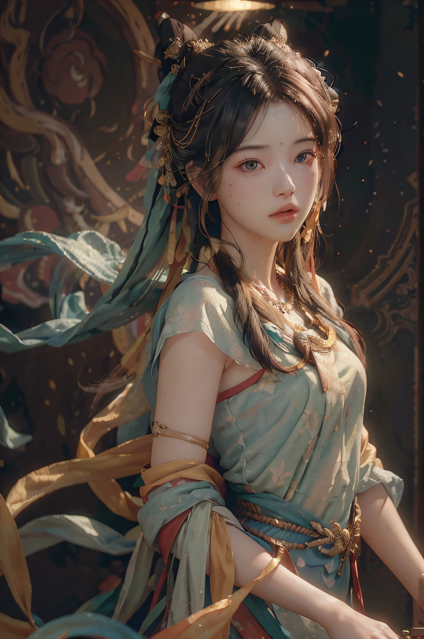(RAW photo, best quality), (realistic, photo-realistic:1.3),best quality,highly detailed,masterpiece,ultra-detailed,illustration,1girl,upper_body,dynamic angle,world masterpiece theater,messy_long_hair,best quality,extremely detailed CG unity 8k wallpaper,ink,Amazing,cinematic lighting,lens_flare, dunhuang_style