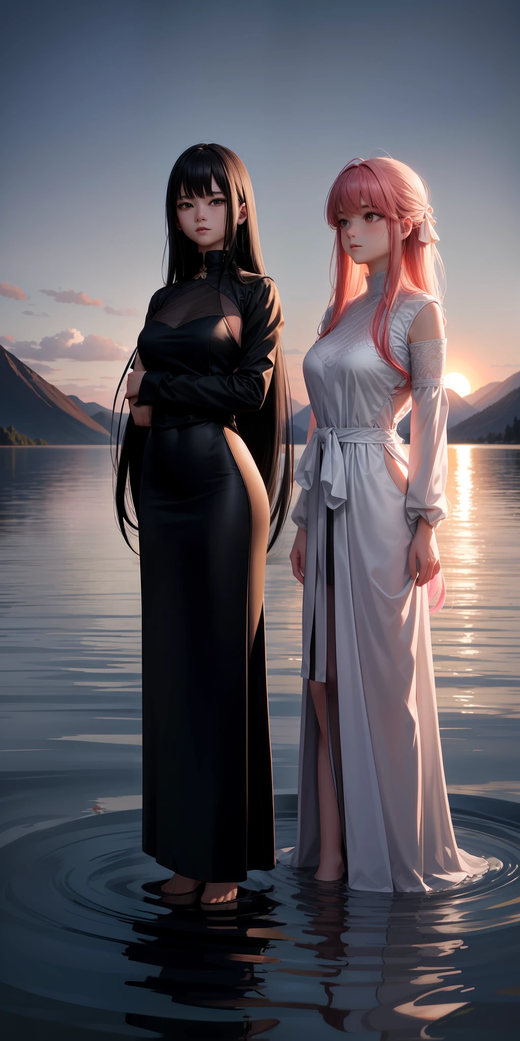 2 girls, serene expression, mesmerizing eyes, long straight hair, flowing dress, balanced posture, porcelain skin, subtle blush, (rim lighting): 1.2, warm tones, sun reflection, soft shadows, vibrant colors, pictorial effect, dreamy atmosphere BREAK scenic lake, distant mountains, willow, calm water, reflection, sunlit clouds, tranquil environment, idyllic sunset, ultra detailed, official art, unity 8k wallpaper, black hair, dress, red eyes, ninja, gothic, big breasts, neckline, slits, girl 1 (black hair), girl 2 (pink hair)