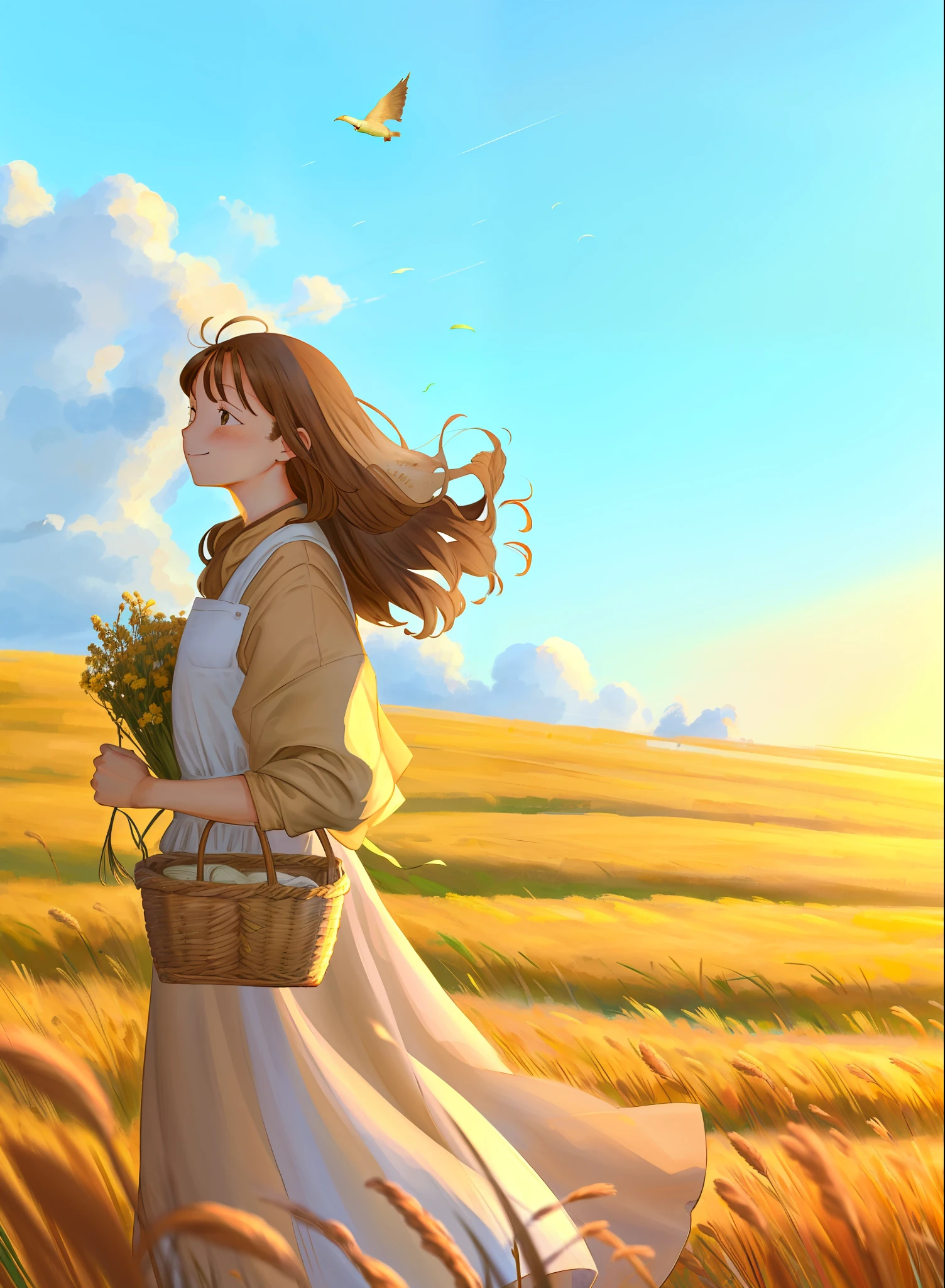 1girl, wheat, solo, long hair, outdoors, brown hair, apron, head scarf, basket, shirt, sky, brown eyes, white shirt, smile, floating hair, grass, day, closed mouth, wind, spring onion, standing, bangs, blurry, bird, cloud, blue sky, holding basket, holding