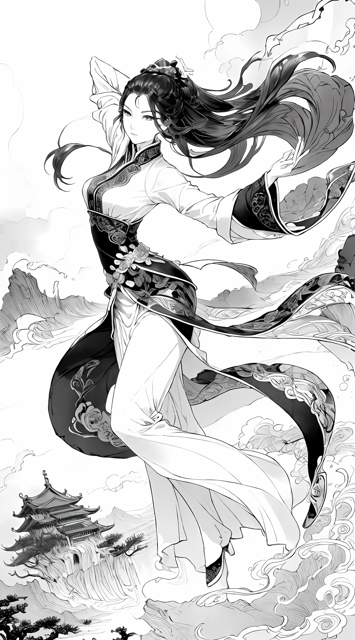 (high quality), epic, (landscape: 1.3), ink painting, black and white, gray scale, 1girl, beautiful face, slim body, sassy movements, flowing long hair, proud cold plum, Chinese architecture