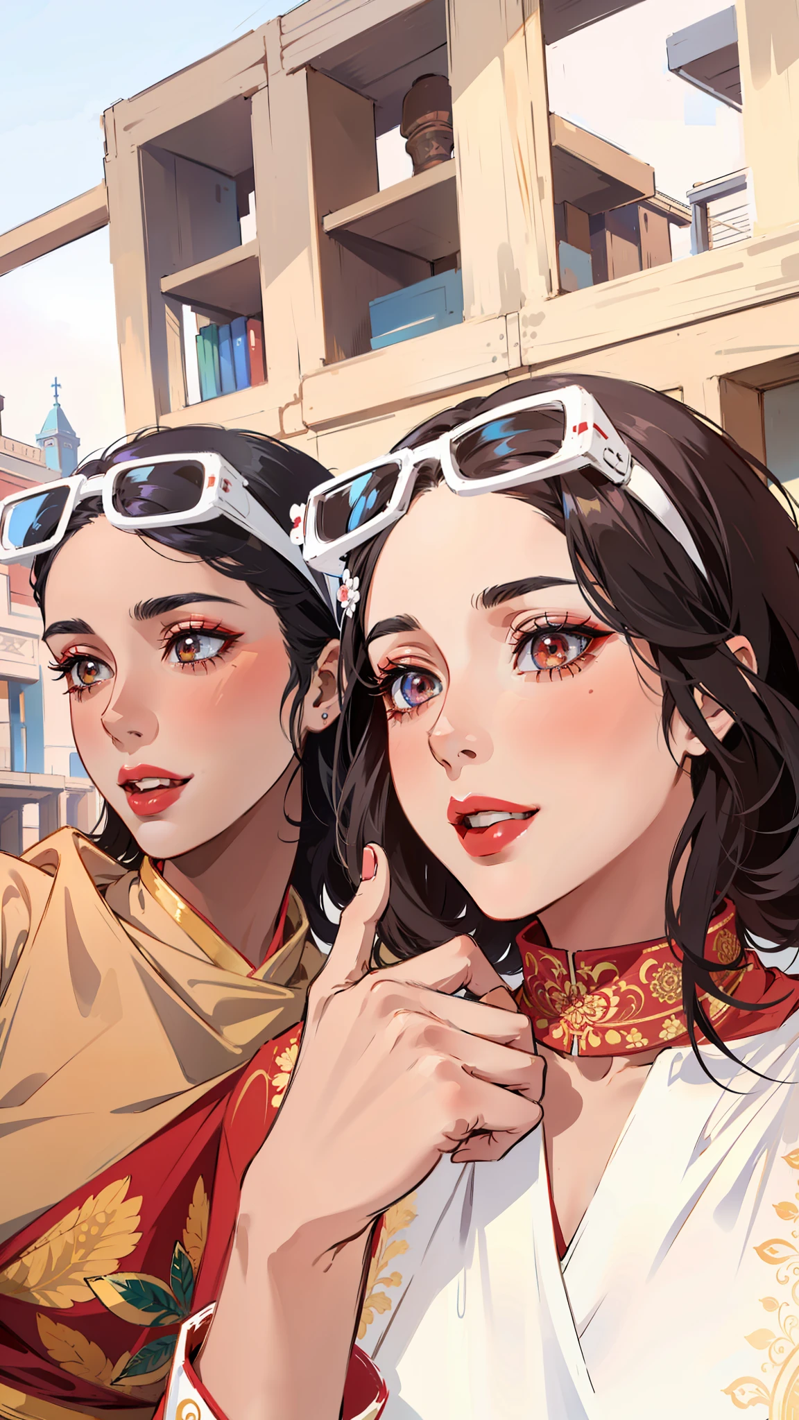 (masterpiece),(best quality:1.0), (ultra highres:1.0), detailed illustration, 8k, anime, 1girl, beautiful anime girl, wearing a white and red saree, beautiful saree, intricate details, black eyes, detailed eyes, looking at me, black hair, detailed hair detailed, highlights on hair, smiling, matte red lipstick, red lips, anime style, best quality, detailed
