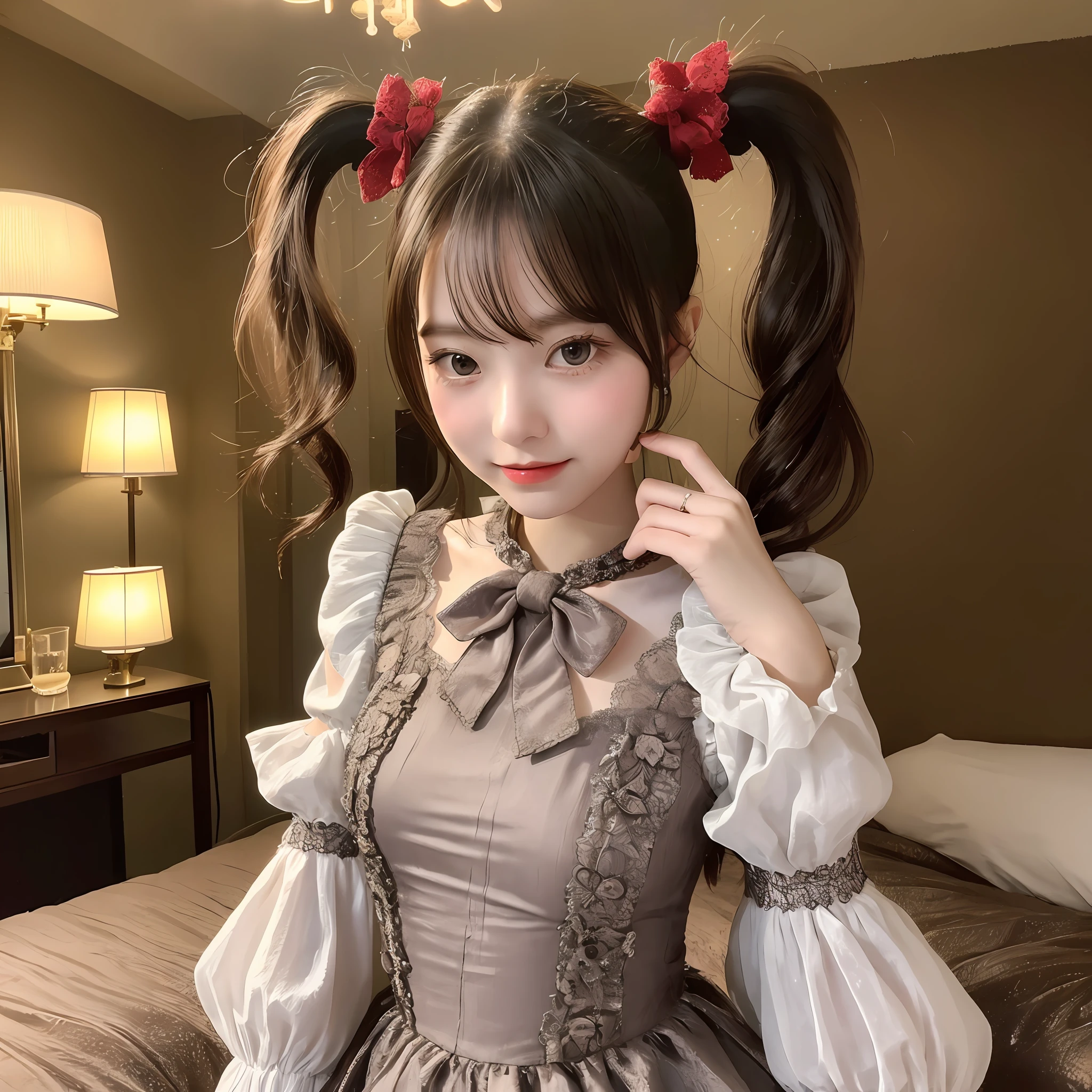 1girl, solo, 18 years old, unbelievably cute, Japanese idol, college student, twin tails, black hair, large bust, slender figure, -faceuthful face, petite, white and red gothic lolita dress, shot in a dim, moody hotel room, full body shot, innocent brown eyes, shy smile, best quality, masterpiece, ultra high res, (photorealistic:1.4), RAW photo, 8K, indoor setting, night ambience, glamorous hotel room, style: danbooru, breathtaking cute, enchanting presence, fringe covering eyes, bow details on dress, charmingly modest, twilight glamour, delicate lacework, soft silk fabrics, intricate design, antique styled room, magical attraction, youth appeal, sparkling aura, Victorian influenced fashion, doll-like appearance, adorable charm, lovable idol look, fragile elegance.