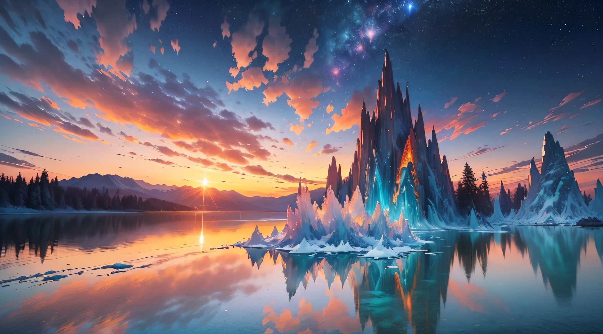 (best quality, masterpiece, stunningly beautiful), magical crystal landscape, (dramatic fiery sky+lively stars:1.2), (floating crystals OR crystal clear water), (sparkling reflections OR colorful lights), (lush greenery OR icy formations), (serene waters OR raging waterfall), (surreal atmosphere OR tranquil ambiance)