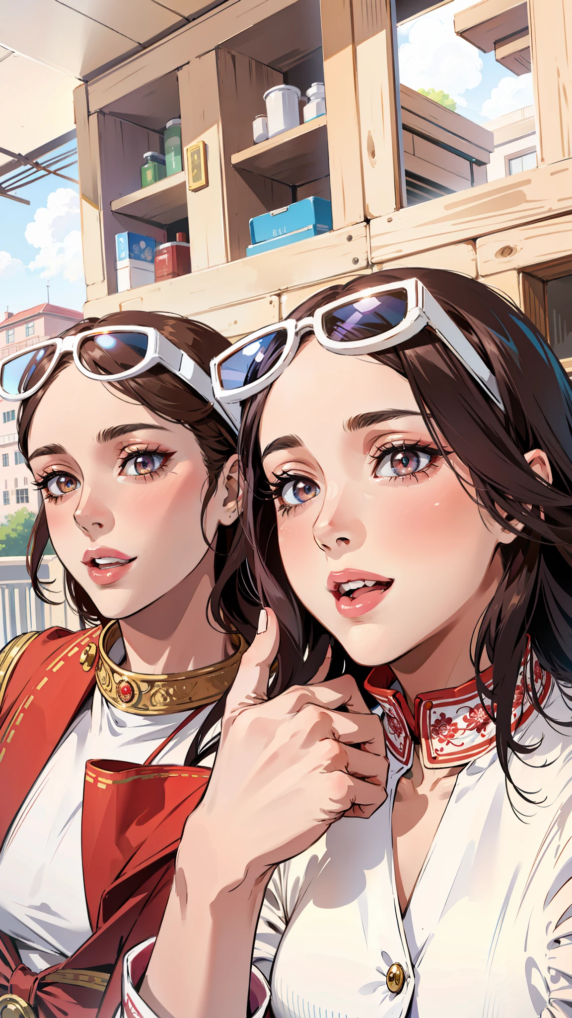 (masterpiece),(best quality:1.0), (ultra highres:1.0), detailed illustration, 8k, anime, 2girl, beautiful anime girls, wearing pretty dresses, brown dress, white dress, pretty face, detailed face, beautiful eyes, detailed eyes, looking at the camera, looking at the viewer, dark eyes, pretty lips, red lipstick, smiling, happy, beautiful stylish hair, highlights in hair, sunglasses bangs anime style, best quality, vibrant