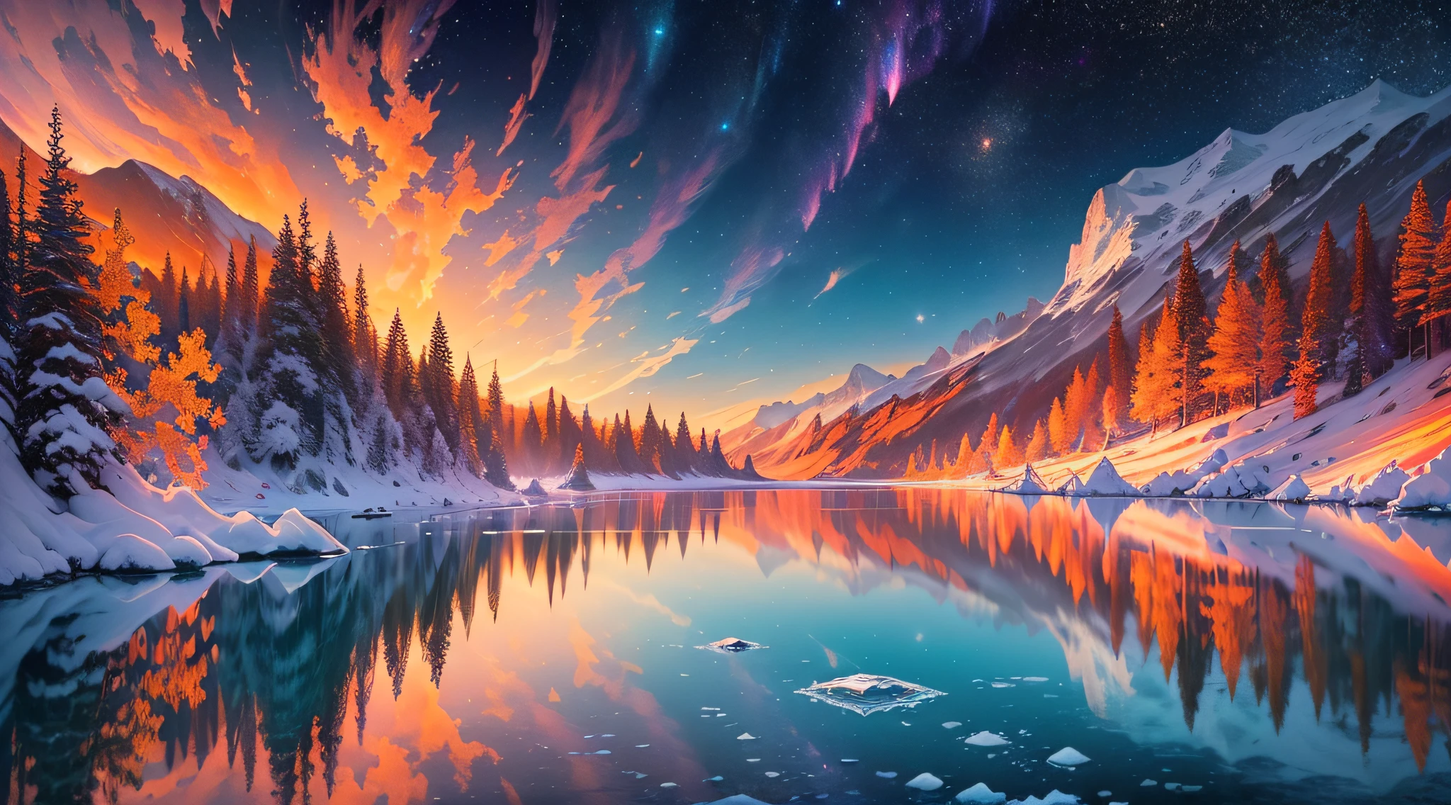 (best quality, masterpiece, stunningly beautiful), magical crystal landscape, (dramatic fiery sky+lively stars:1.2), (floating crystals OR crystal clear water), (sparkling reflections OR colorful lights), (lush greenery OR icy formations), (serene waters OR raging waterfall), (surreal atmosphere OR tranquil ambiance)