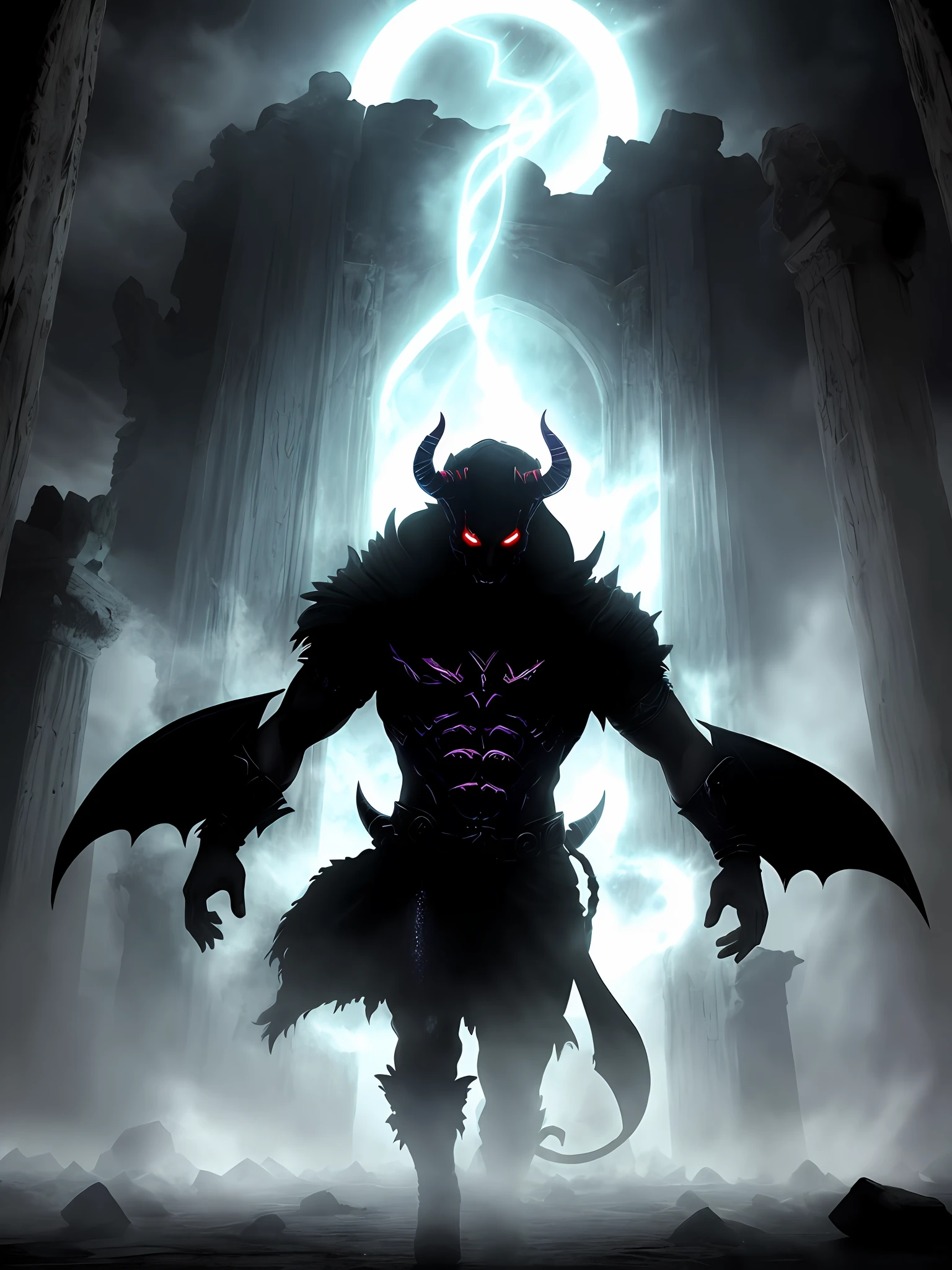 (demon:1.5),(human:0.5),"white and black",("rpg"),("fantasy world"),("magic powers"),("ancient ruins"),("ominous atmosphere"),("silhouette"),(spectral).