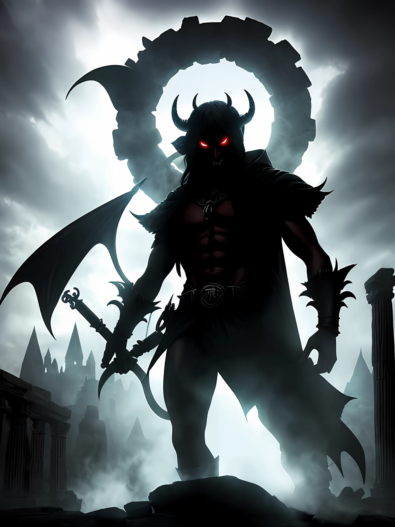 (demon:1.5),(human:0.5),"white and black",("rpg"),("fantasy world"),("magic powers"),("ancient ruins"),("ominous atmosphere"),("silhouette"),(spectral).