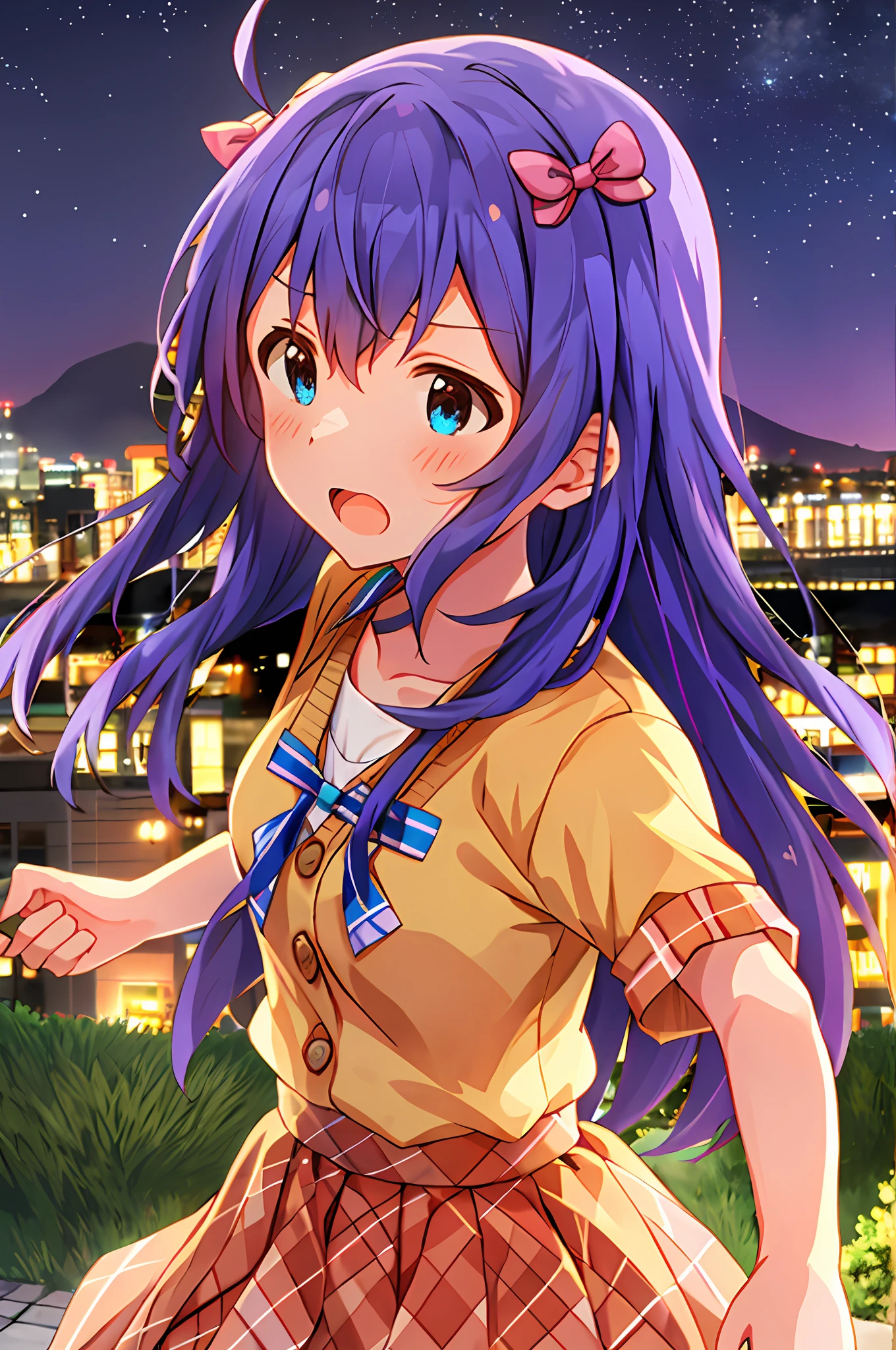 Anna Mochizuki (Million Live), (Top Quality, 8K, Masterpiece, Super Detail: 1.2), 1 Girl, Suspender Clothes.Skirt.Blushing, Clavicle, Bow, Ribbon, Blue Bow.Night.Night View.Outdoors.Fighting Stance.Despair Face.Open Mouth.