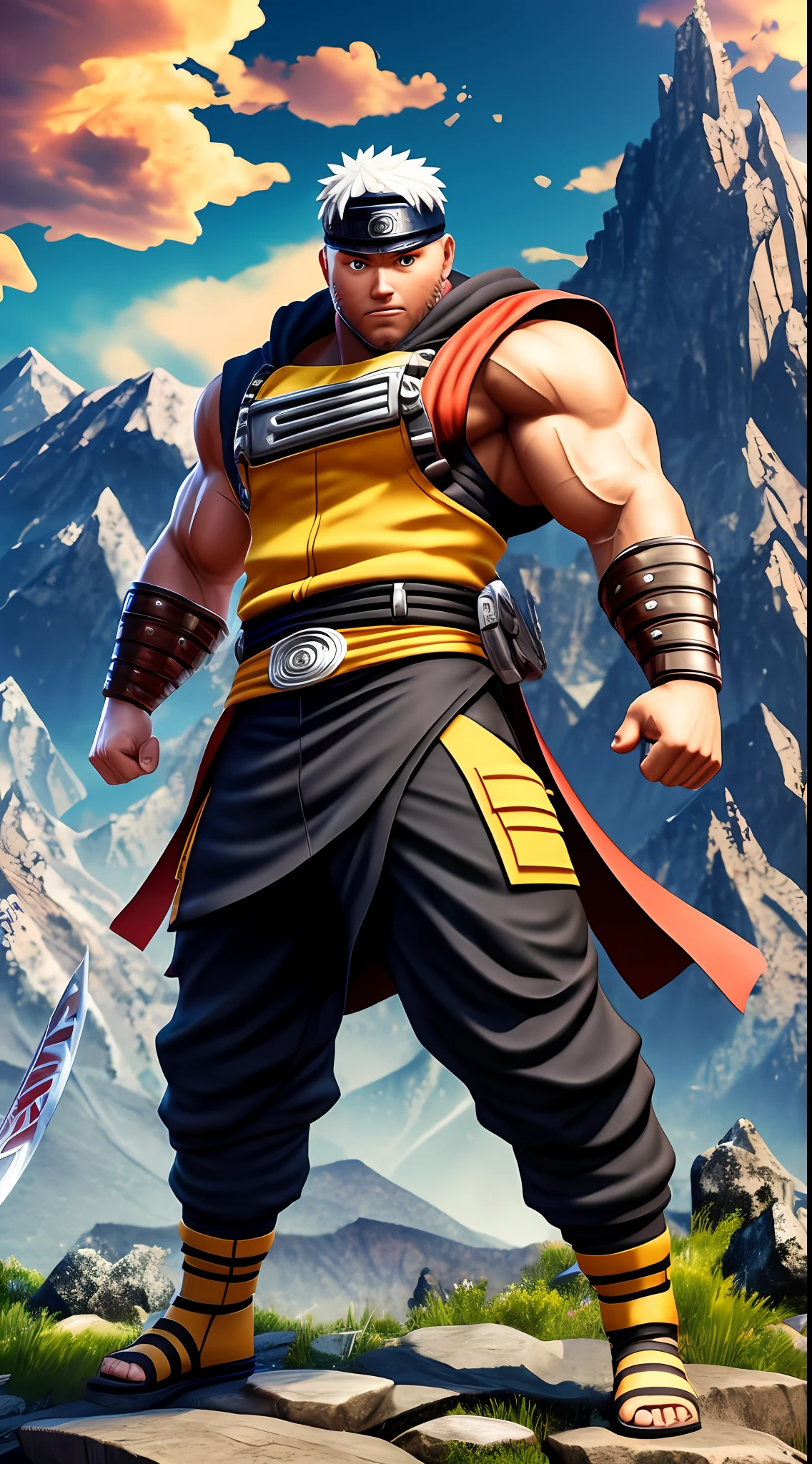naruto shipuden character super stong bodybuilder berserk mode concept , full body, (((in the background mountains and a beautiful sky))), colored,, wide angle, super highly detailed, professional digital painting, artstation, concept art, smooth, sharp focus, no blur, no dof, extreme illustration, Unreal Engine 5, Photorealism, HD quality, 8k resolution, cinema 4d, 3D, beautiful, cinematic --auto --s2