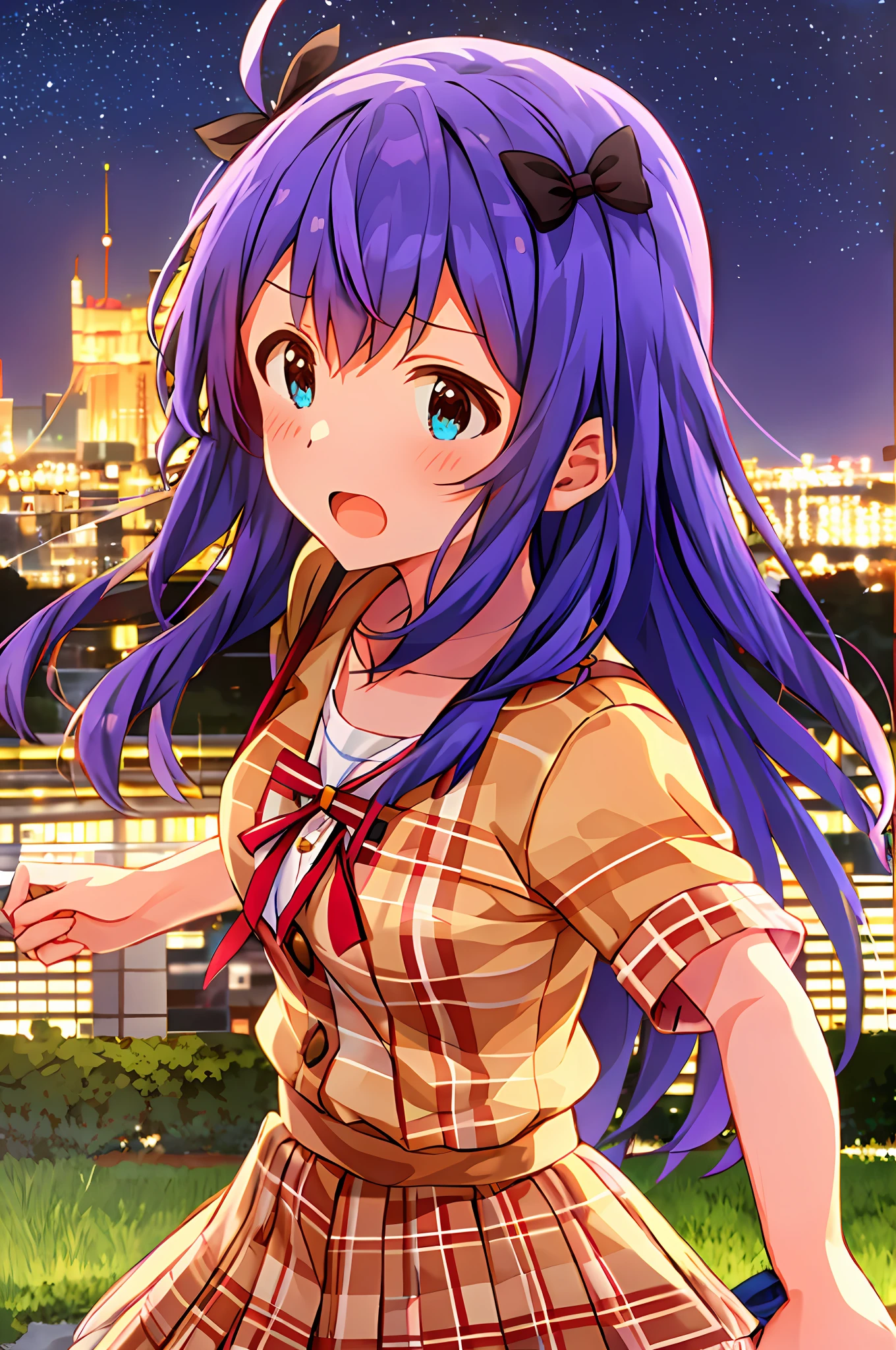 Anna Mochizuki (Million Live), (Top Quality, 8K, Masterpiece, Super Detail: 1.2), 1 Girl, Suspender Clothes.Skirt.Blushing, Clavicle, Bow, Ribbon, Blue Bow.Night.Night View.Outdoors.Fighting Stance.Despair Face.Open Mouth.