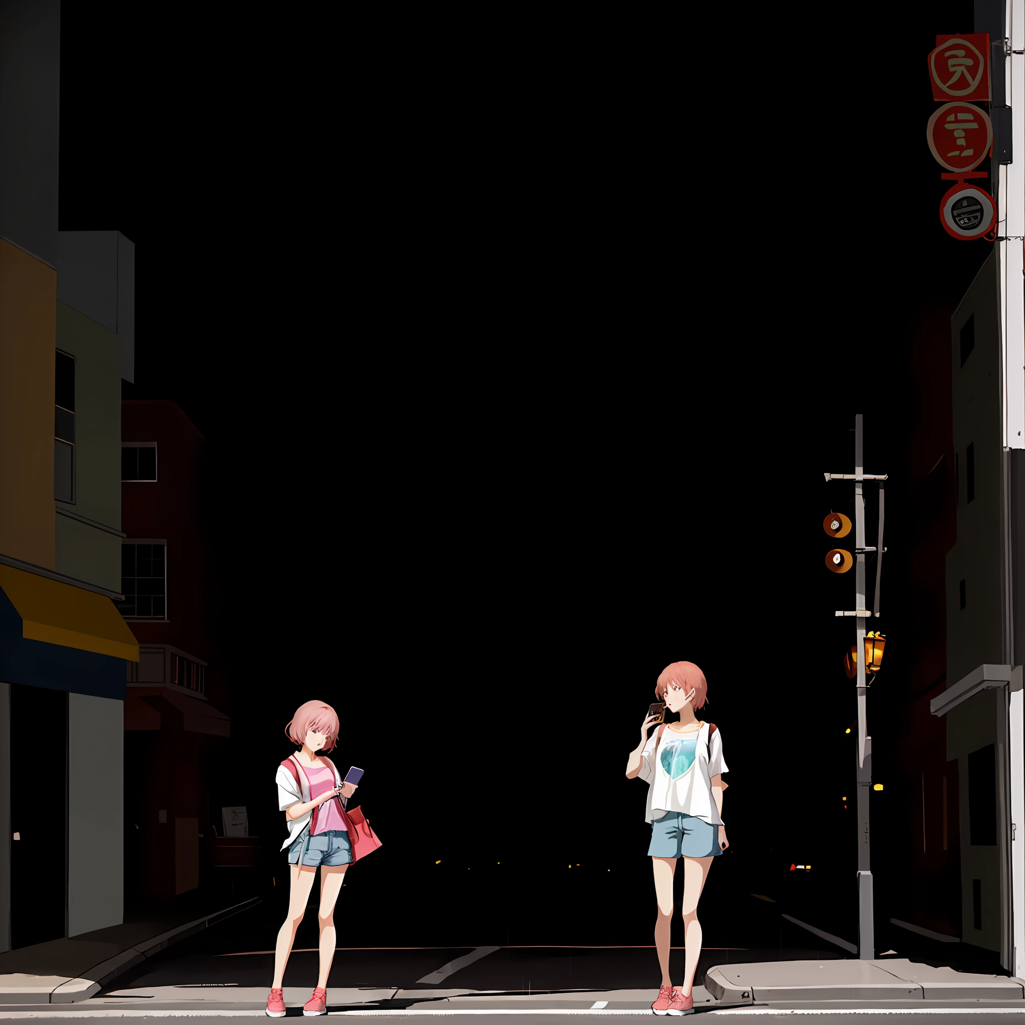 Anime, Beautiful woman, fiddling with cell phone in the middle of the street, short clothes, raining