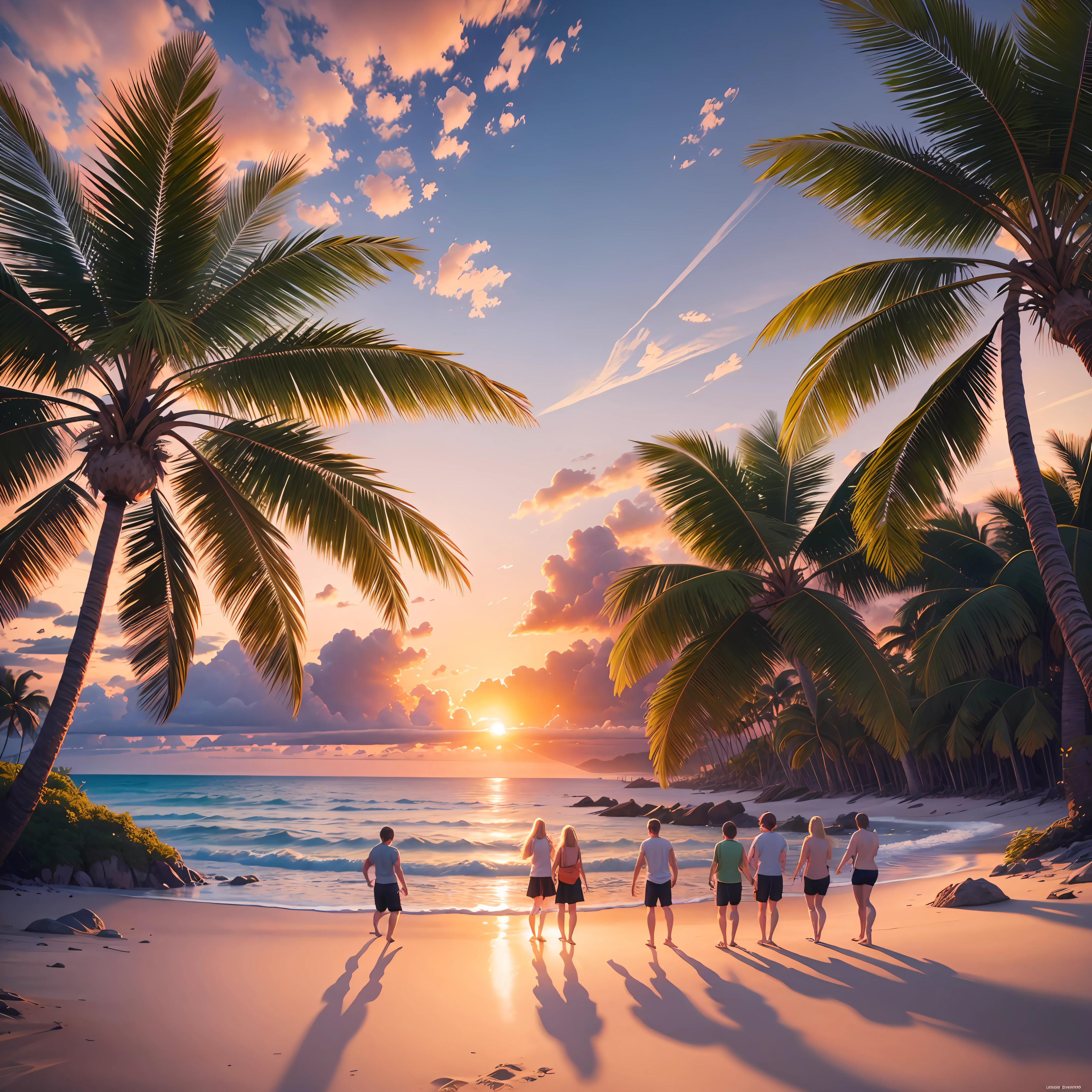 A group of friends,on beach, sunset time, enjoying, together,8k, ultra detailed --auto --s2