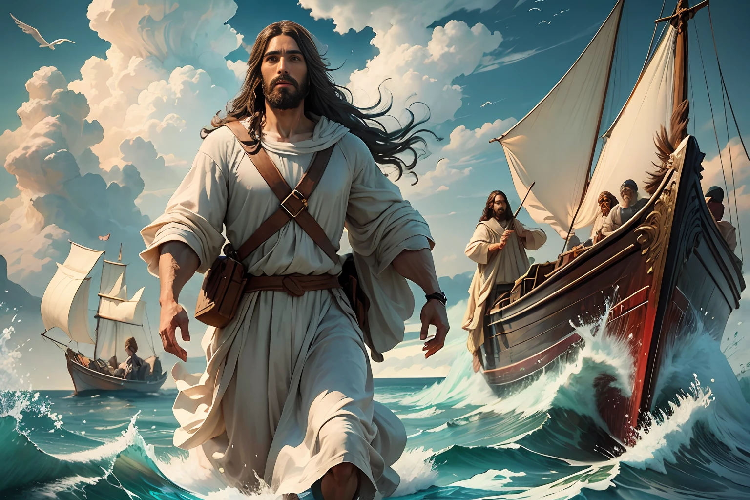 Jesus walking on water with a boat in the background, Jesus walking on water, biblical illustration, epic biblical representation, forcing him to flee, coming out of the ocean, ! holding in hand!, disembarking, god of the ocean, beautiful representation, --auto --s2