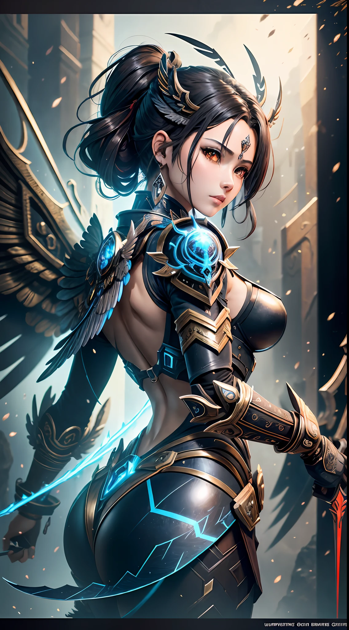 Steampunk style, cold colors, cinematic effects, futuristic sci-fi mecha God of War, pure black mecha metal luster is strong, the back is flanked by metallic wings, the wings are feather-like, the wings are layered, holding the blue Fang Tian Painting Halberd, Fang Tian Painting Halberd particle light, Fang Tian Painting Halberd particle special effects, aesthetic, scattering, combat posture, combat posture display, super details, delicate details of the face, red eyes, clear outline, facial close-up, perfect details, 8K, top painting, feature article, Studio environment, Concept art, epic composition, with HD detail, metallic texture and tension composition, hyper-realistic, ultra-realistic, rich in detail, 3D. C4D,