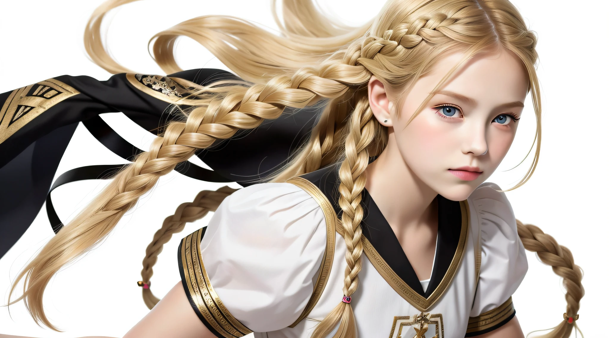 masterpiece, best quality, realistic, girl RUSSIAN 10 yeIDED BLONDE HAIR, long hair, broad shoulders, small head, upper body, (white background: 1.3), mouth closed.