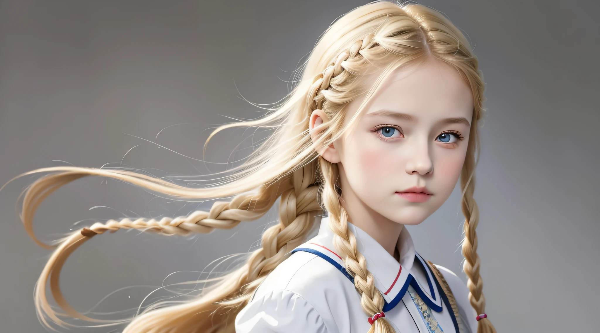 masterpiece, best quality, realistic, RUSSIAN child girl, BRAIDED BLONDE HAIR, long hair, broad shoulders, small head, upper body, (white background: 1.3), mouth closed.